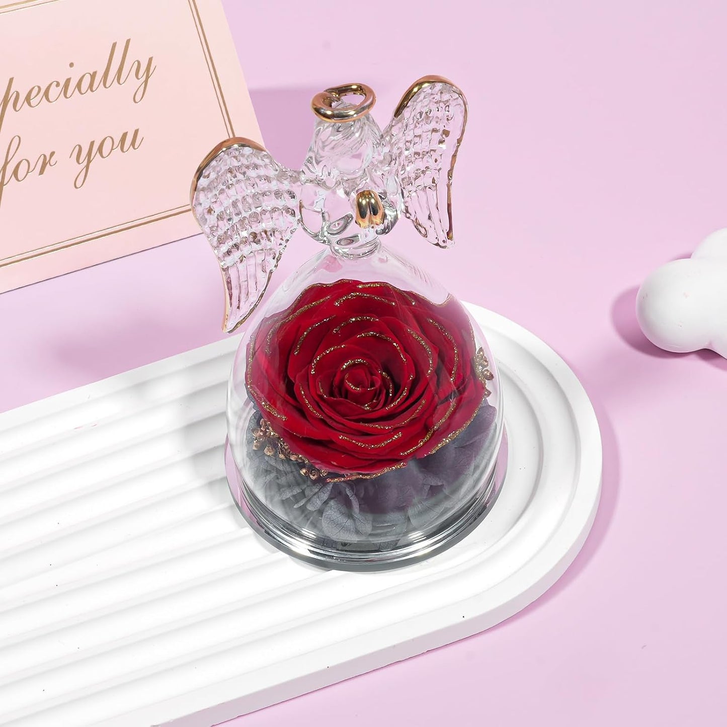 Yamonic Mom Birthday Gifts for Moms, Angel Figurines with Real Rose Gifts for Her Mother Grandma, Preserved Flowers Rose Angel Figurines for Mothers Day Christmas Birthday Gifts for Women(Redgold)