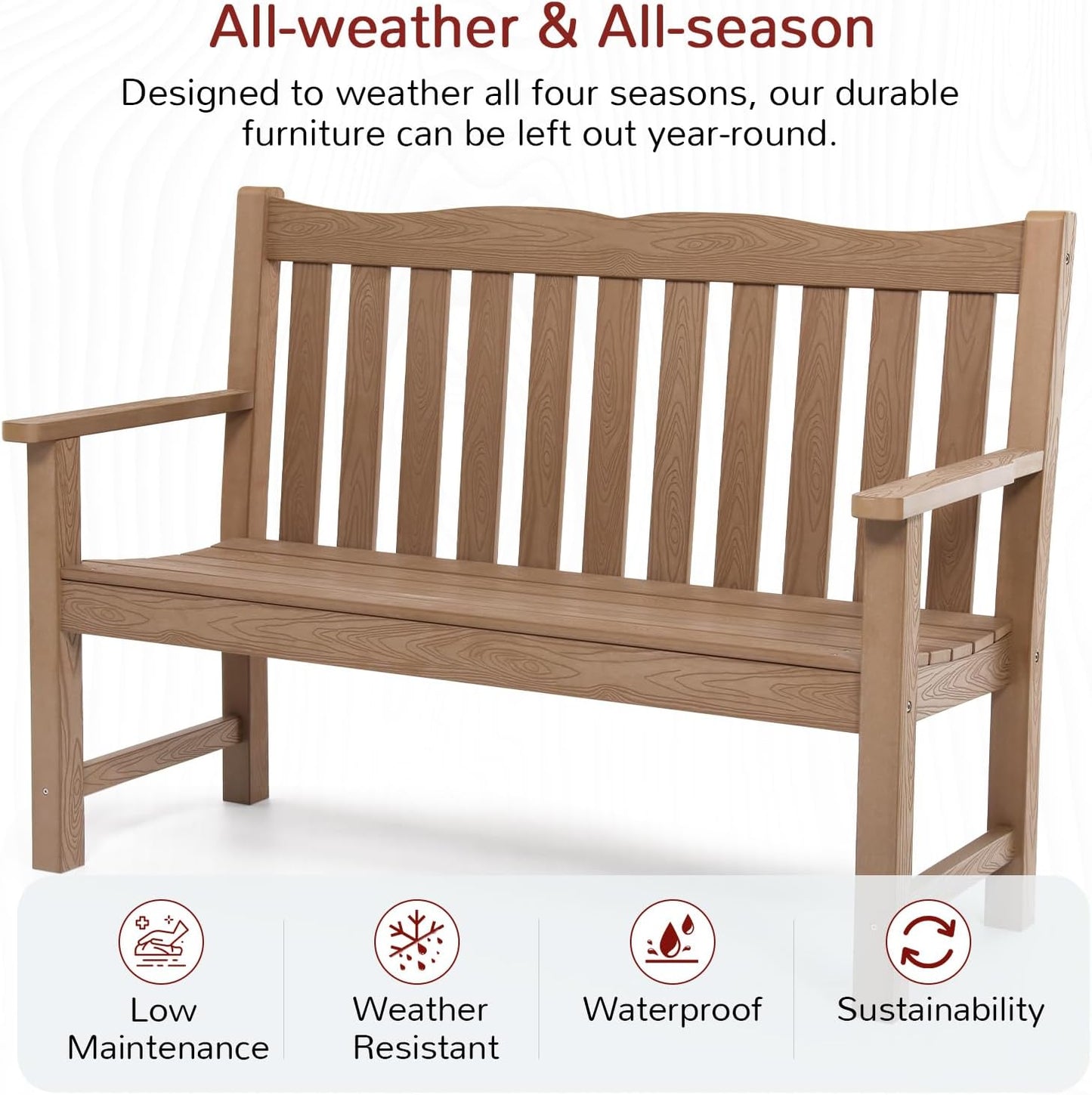 Outdoor Benches Set of 2, 2-Person Poly Lumber Garden Bench, Never Rot or Fade, Looks Like Real Wood, Teak