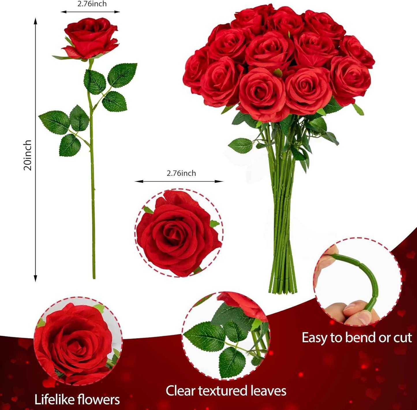 Ouddy Decor 20 Pcs Red Roses Artificial Silk Flowers Fake Roses Bouquet with Long Stems for Mother's Day Decor Wedding Home Party Table Centerpieces Bridal Bouquet DIY Floral Arrangment, Red