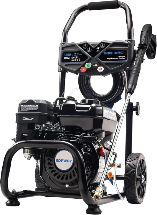 3500 PSI Gas Pressure Washer, 2.3 GPM – Heavy Duty High Power with 209CC 7HP Engine, 25Ft Pressure Hose, Axial Aluminum Pump, Soap Tank, 4 Quick Connect Nozzles (Black)