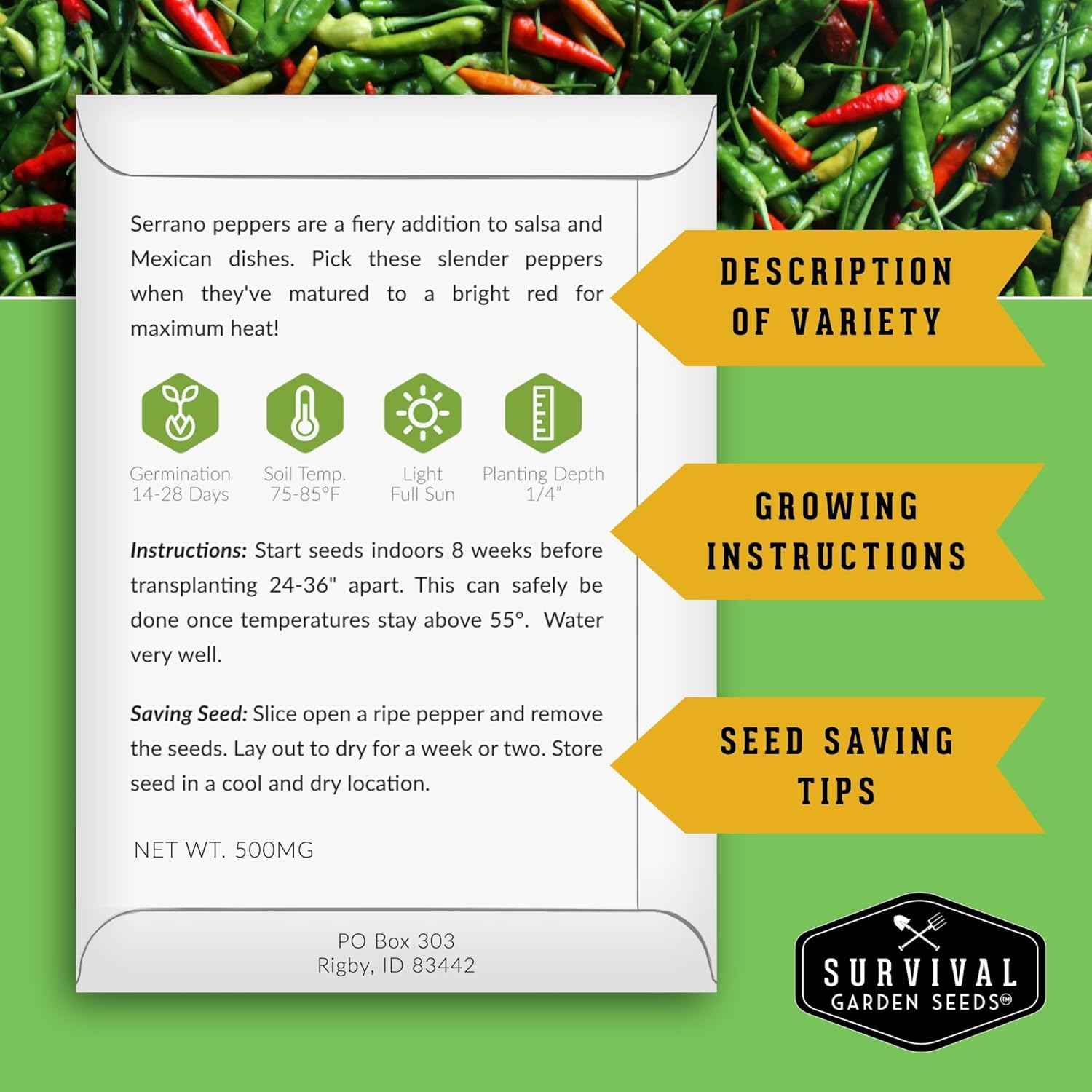 Pepper Seeds for Planting - 12 Variety Pack | Jalapeño, Serrano, Cayenne, Bell, Habanero, Anaheim & More – Hot & Sweet Heirloom, Non-GMO Pepper Seed Varieties – Survival Garden Seeds