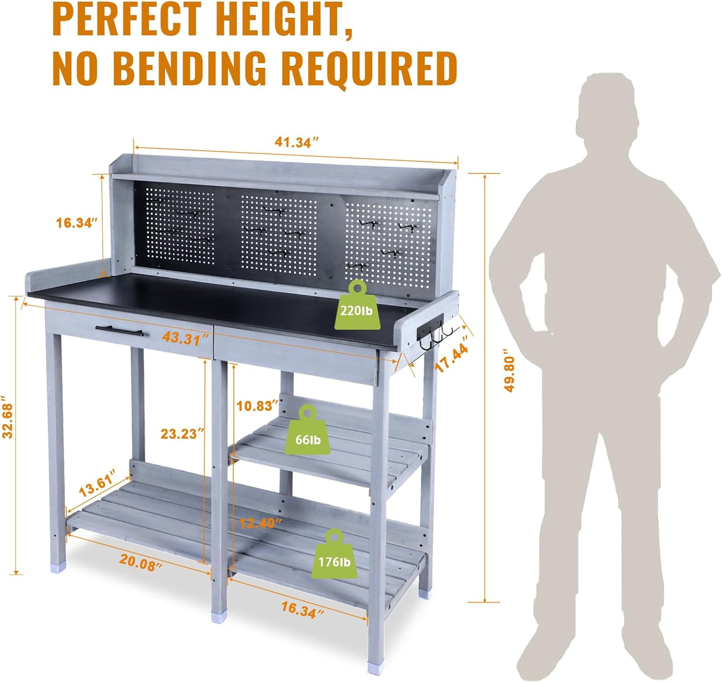 Outdoor Potting Bench Table,Garden Work Bench Metal Tabletop Horticulture with Shelf Rack Wooden Potting Benches for Outside with Holey Board/Hooks/Pads/Drawer/Adjustable and Cabinet,Gray