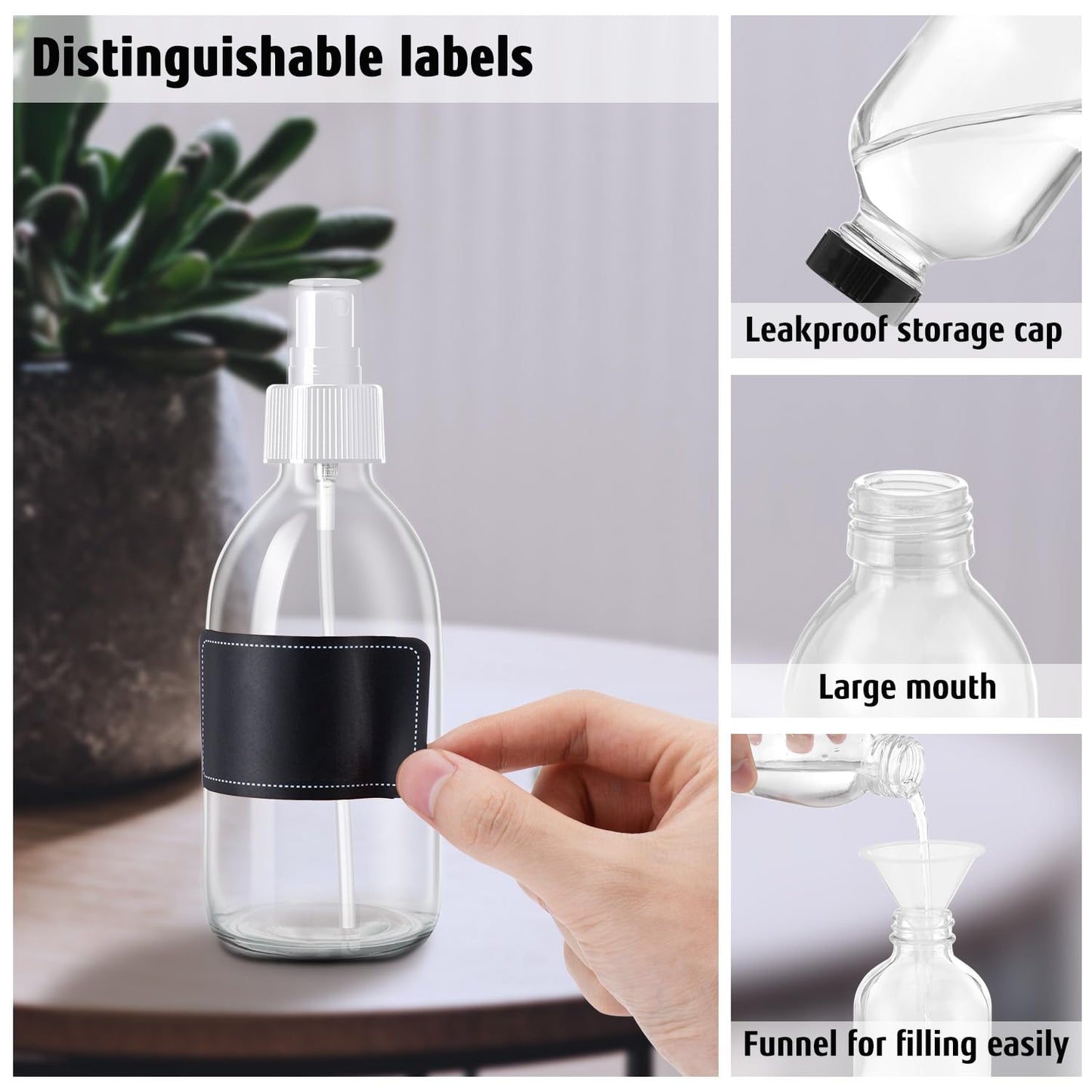 Tecohouse 2 Pack Glass Spray Bottles, 250ml Small Glass Bottles for Cleaning Solutions, Spray Bottles for Essential Oils, Plants, with Durable Nozzle, Labels, Funnel - Clear