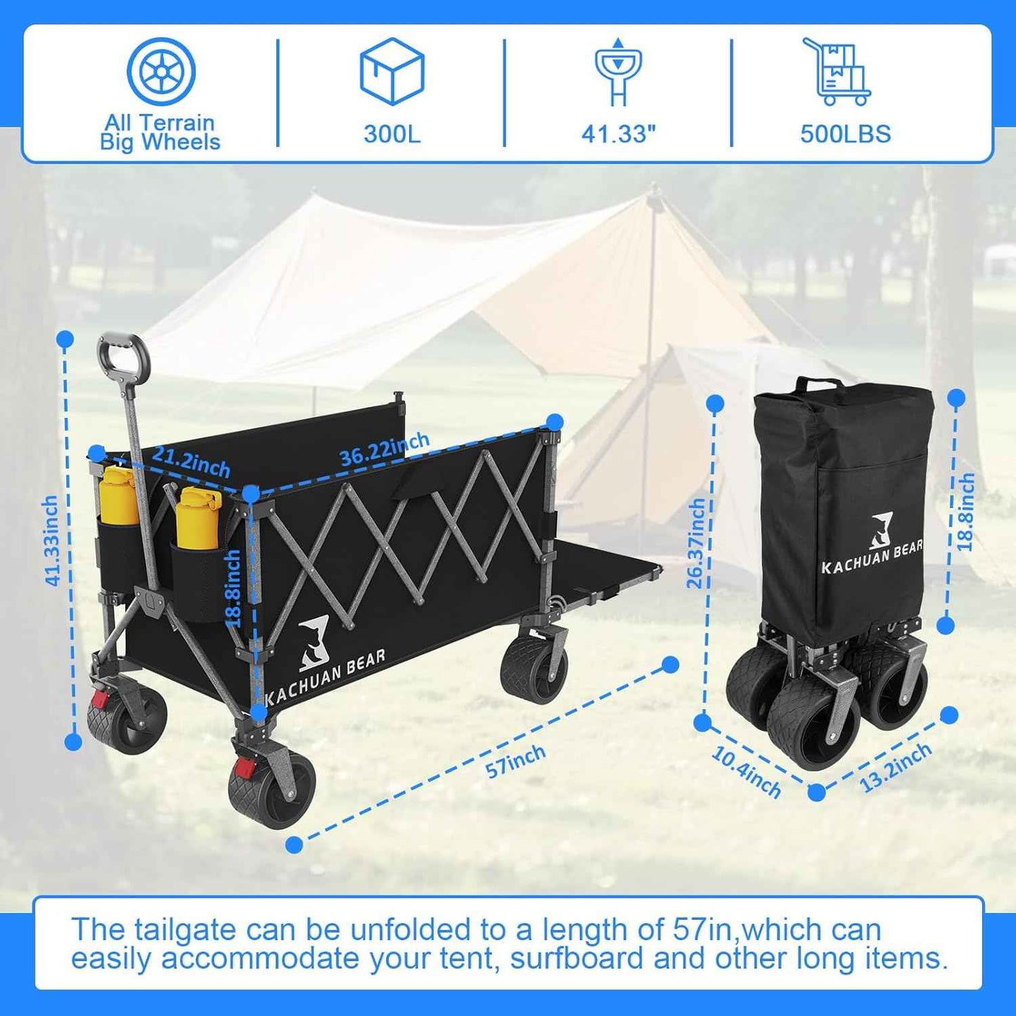 57" L Large Collapsible Foldable Wagon with Tailgate & Brake, 500LBS Heavy Duty Beach Wagons with All-Terrain Big Wheels, 300L Folding Utility Cart for Sand Garden Shopping Groceries Sports (Black)