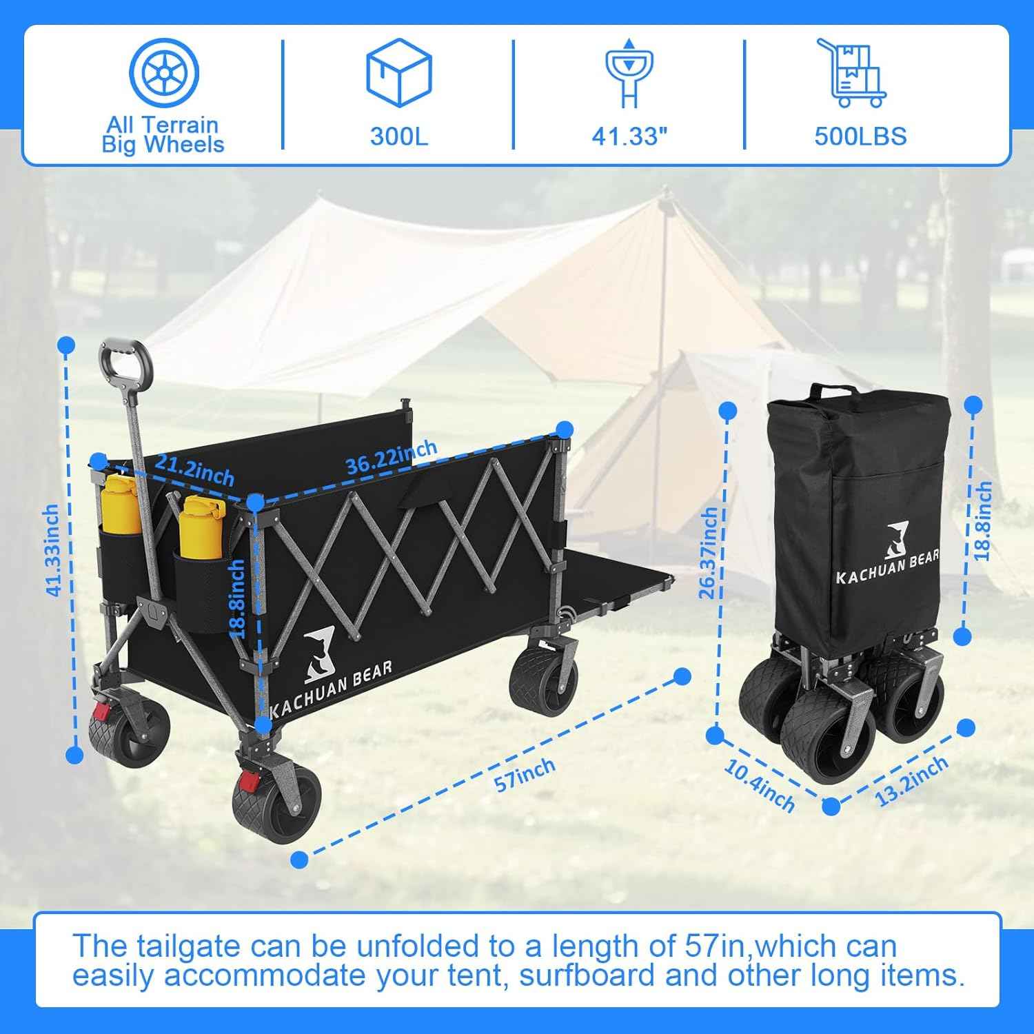 57" L Large Collapsible Foldable Wagon with Tailgate & Brake, 500LBS Heavy Duty Beach Wagons with All-Terrain Big Wheels, 300L Folding Utility Cart for Sand Garden Shopping Groceries Sports (Black)