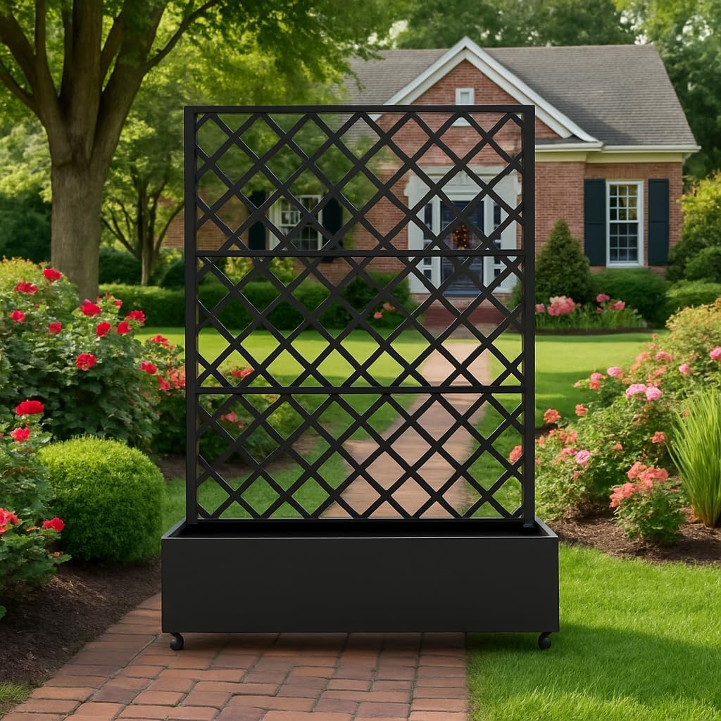 Metal Raised Garden Bed with Trellis and Wheels, 72"x47" Planter Box for Climbing Plants, Vegetables & Vines, Features Drainage Holes and Privacy Screen