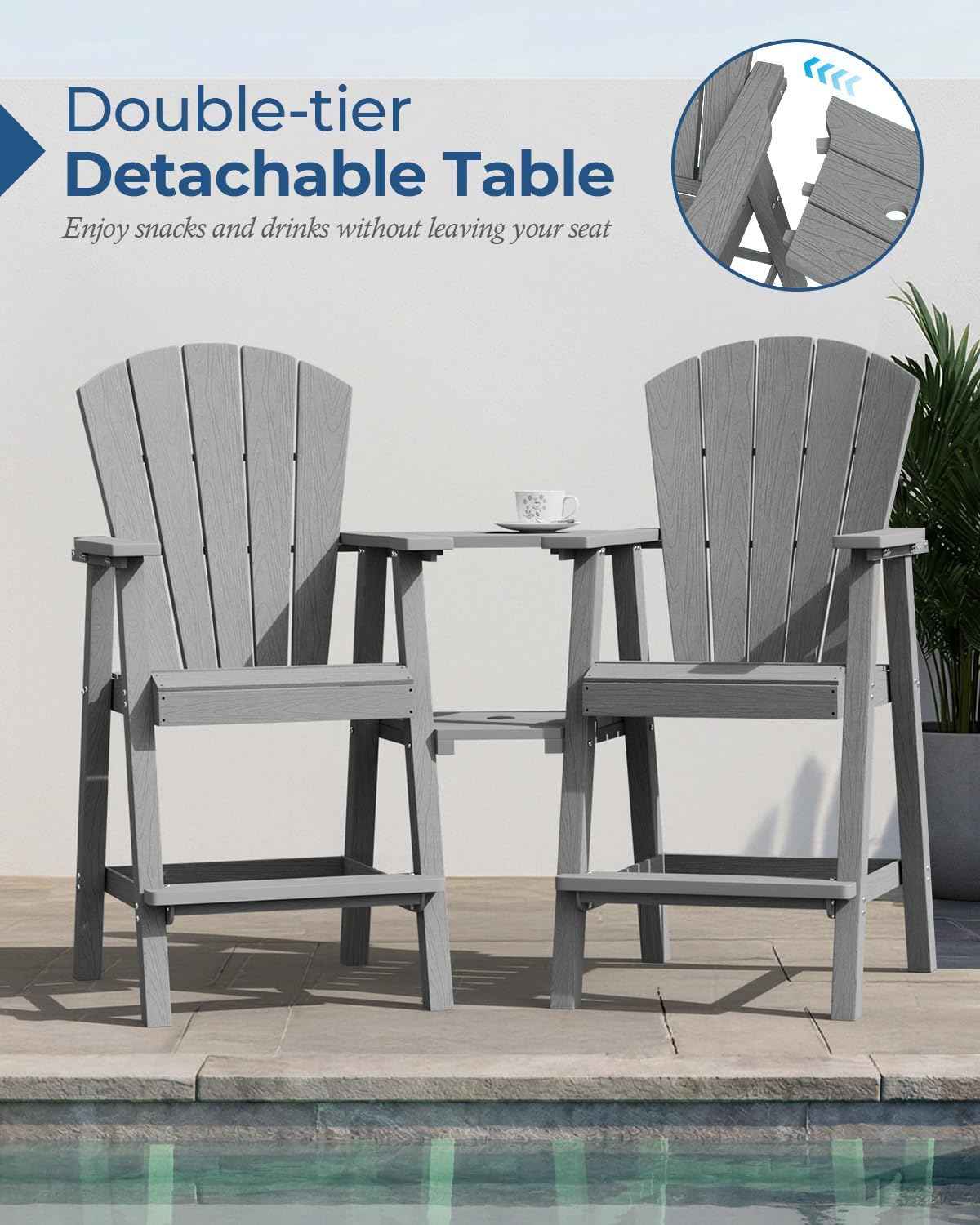 Ciokea Tall Adirondack Chairs Set of 2, HDPE Outdoor Adirondack Bar Stools with Double Connecting Tray, Weather Resistant High Back Adirondack Balcony Chairs for Deck, Lawn, Pool, Backyard, Grey