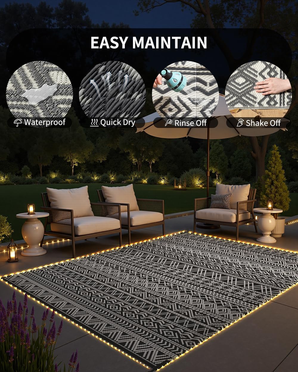 MontVoo-Outdoor Rug Carpet 8x10 ft for Patio RV Camping with Led Strip Lights Waterproof Plastic Straw Rug Reversible Portable Outside Indoor Outdoor Rug Mat for Patio Decor Balcony Picnic-Boho Rug