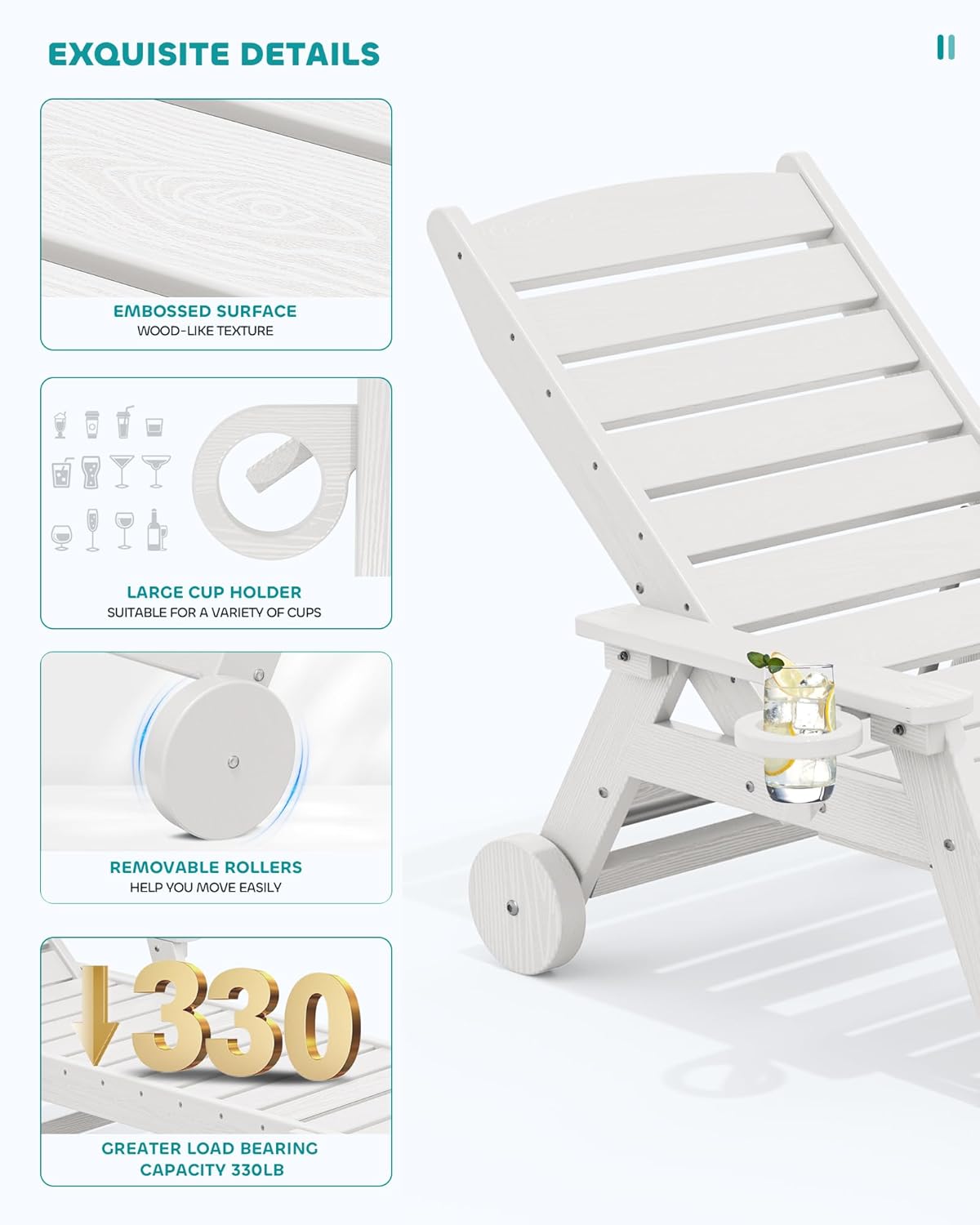 SERWALL Patio Chaise Lounge Chair Set of 6, 5 Positions Adjustable Poly Outdoor Lounge Chair for Pool, HDPE Lounge Chair with Rolling Wheels & Cup Holder for Poolside, Deck, White