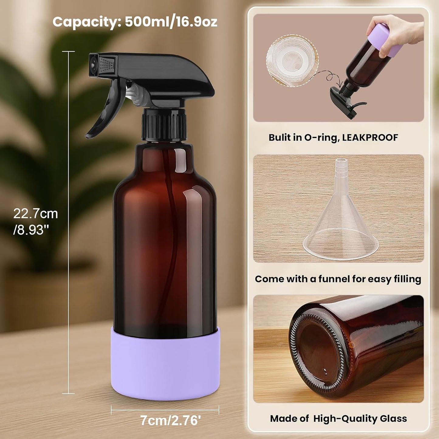 Glass Spray Bottles with Silicone Sleeve 16.9oz 2 Pack Empty Spray Bottle for Hair Mist/Stream Spraying for Cleaning Solutions, Plants, Essential Oils (Brown-qblue&purple)