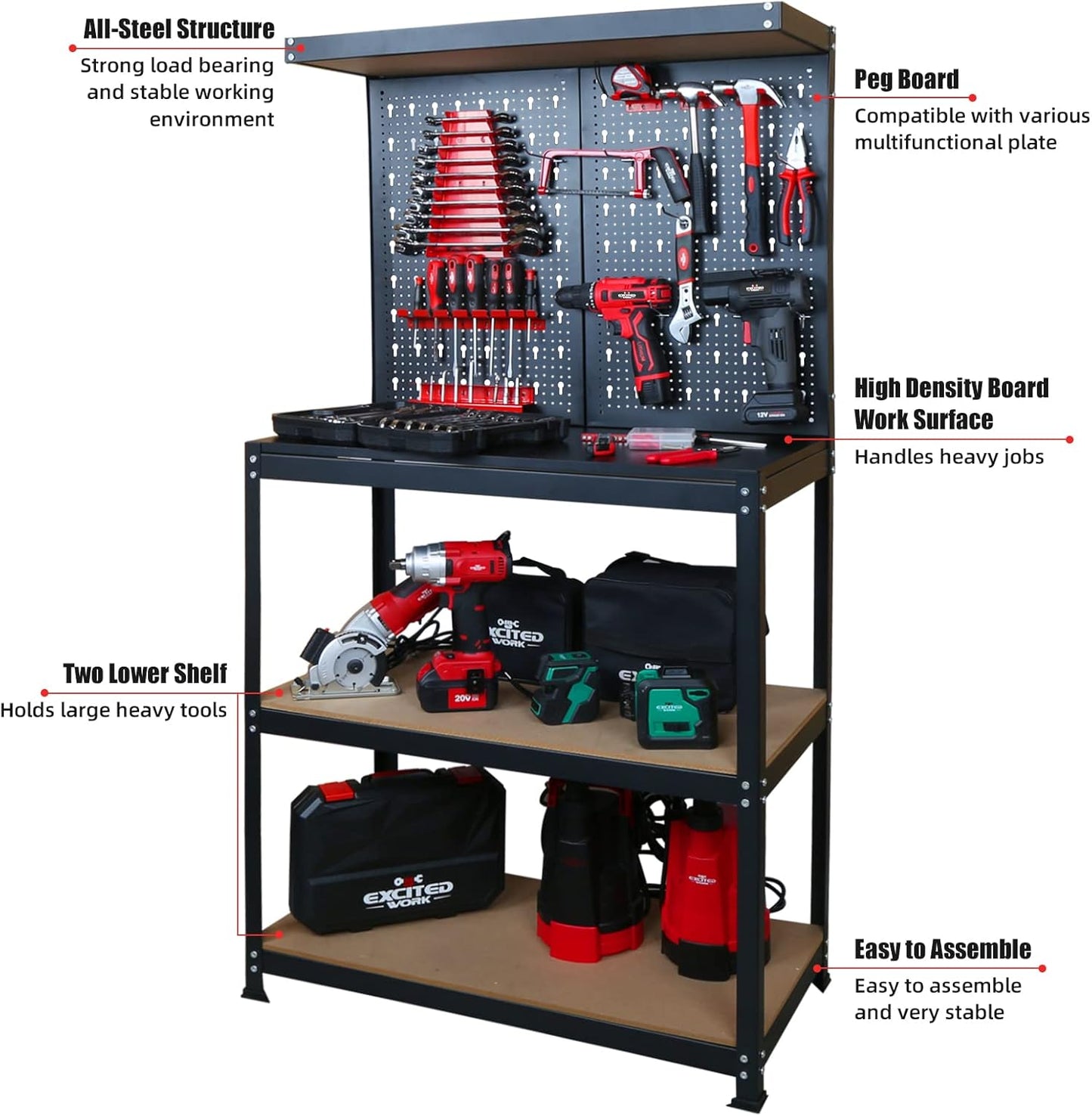 31.5 Inch Workbench with Peg Board, Multipurpose Tool Organizer and Work Bench with Double Storage Platform, Workbench in Garage Workshop