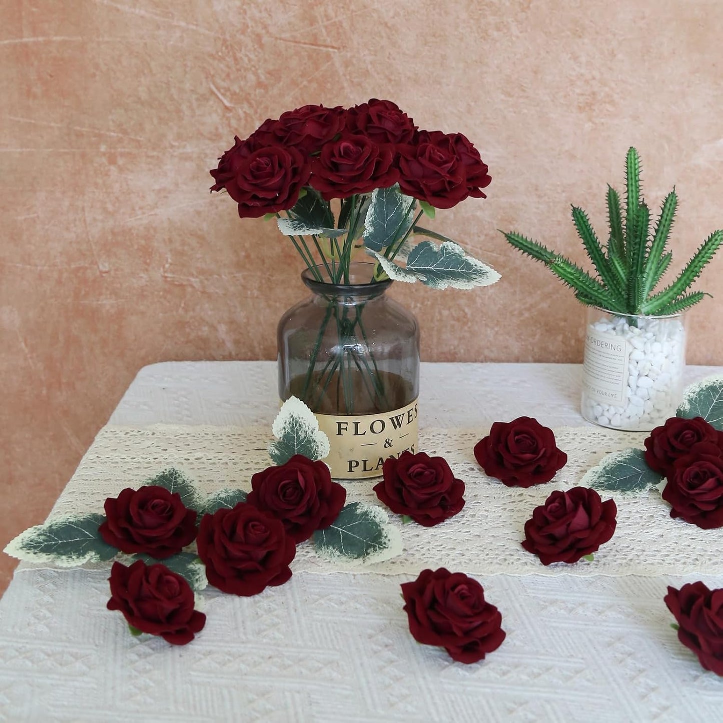 25PCS Rose Artificial Flower Heads 7 CM 2.75 in Velvet Rose Flowers Real Look Rose Flower Heads for DIY Wedding Home Party Baby Shower Decor (Burgundy)
