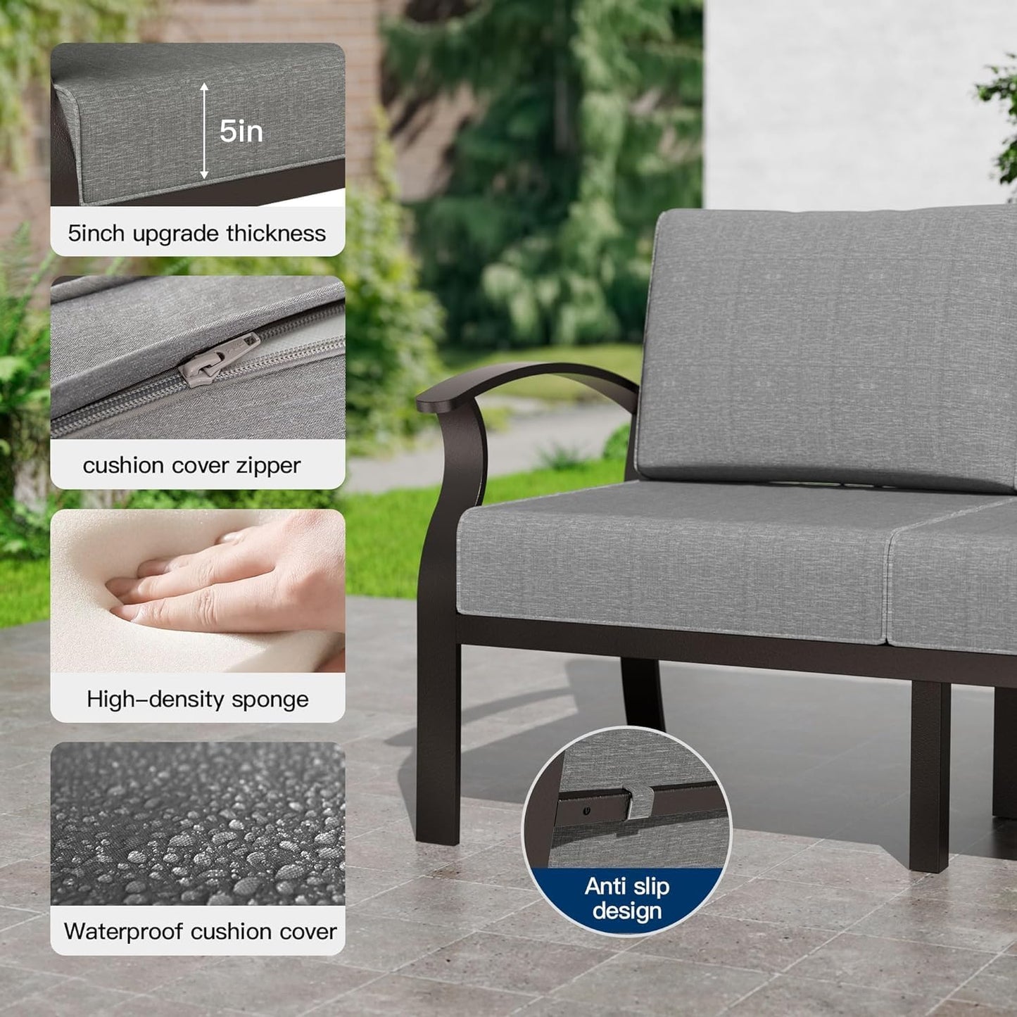 Kullavik Aluminum Patio Furniture Set,5 Piece Modern Metal Outdoor Patio Furniture w/5.1'' Thick Cushion,Swivel Chairs and 45" Propane Fire Pit Table,Patio Conversation Sets for Porch,Deck,Grey
