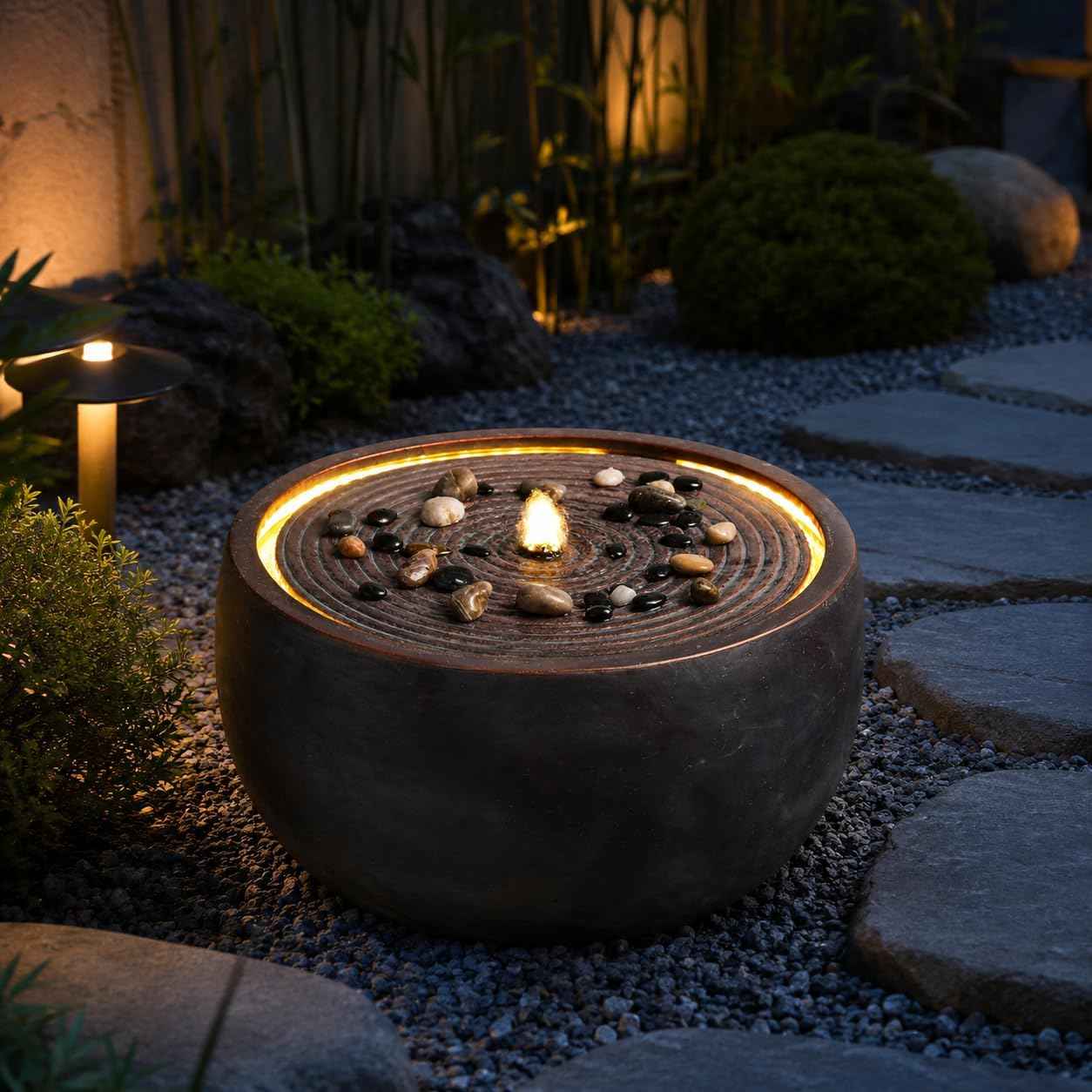 Outdoor Water Fountain with LED Lights, 12.2" Tall Round Bowl Cascading Fountain for Patio Garden Yard Porch Backyard, Resin Outdoor Water Feature Decor