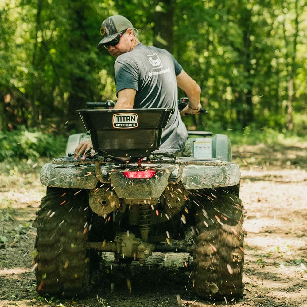 Titan Attachments 12 Volt ATV/UTV Broadcast Spreader, 80 LB Capacity, Back or Front Mounting for ATV, UTV, Or Utility Tractor, Lawn and Garden Seed Spreader with Rain Cover