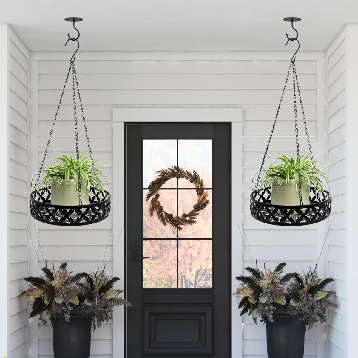 ARTORA Metal Plant Hanger, Modern Plant Hanging Basket Decorative Black Plant Pot Holder Flower Planter Hanging Chain with Ceiling Hook for Balcony Porch Indoor or Outdoor Home Decor (Black)