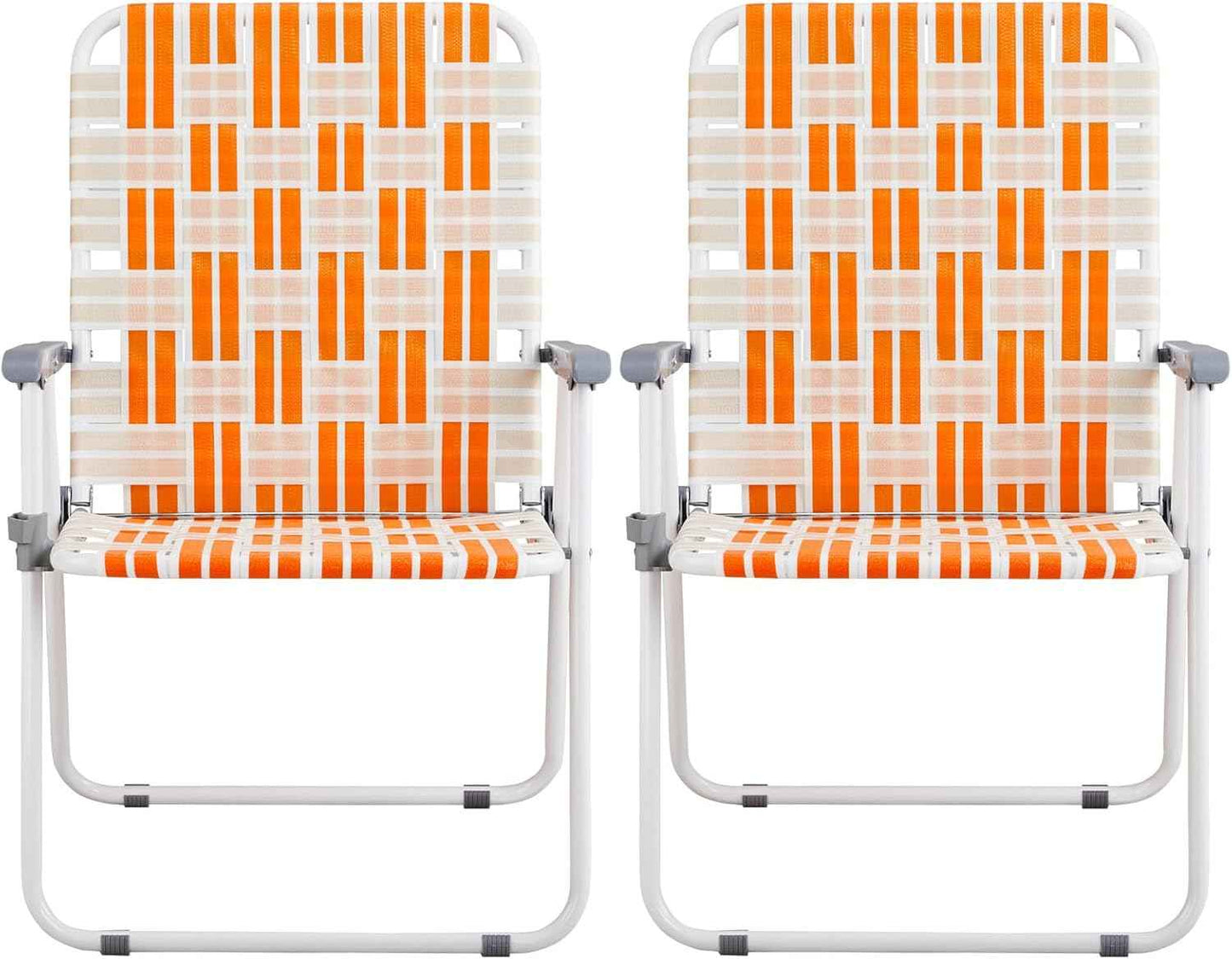 Folding Webbed Oversized Lawn Chairs Set of 2, 260 LBS High Beach Chair for Adults Heavy Duty, Portable Patio Chair for Yard, Garden (Orange)