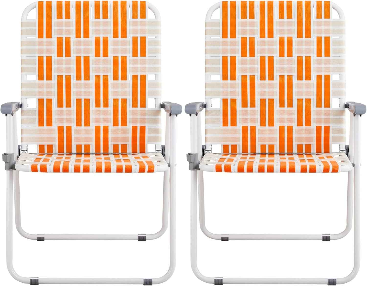 Folding Webbed Oversized Lawn Chairs Set of 2, 260 LBS High Beach Chair for Adults Heavy Duty, Portable Patio Chair for Yard, Garden (Orange)