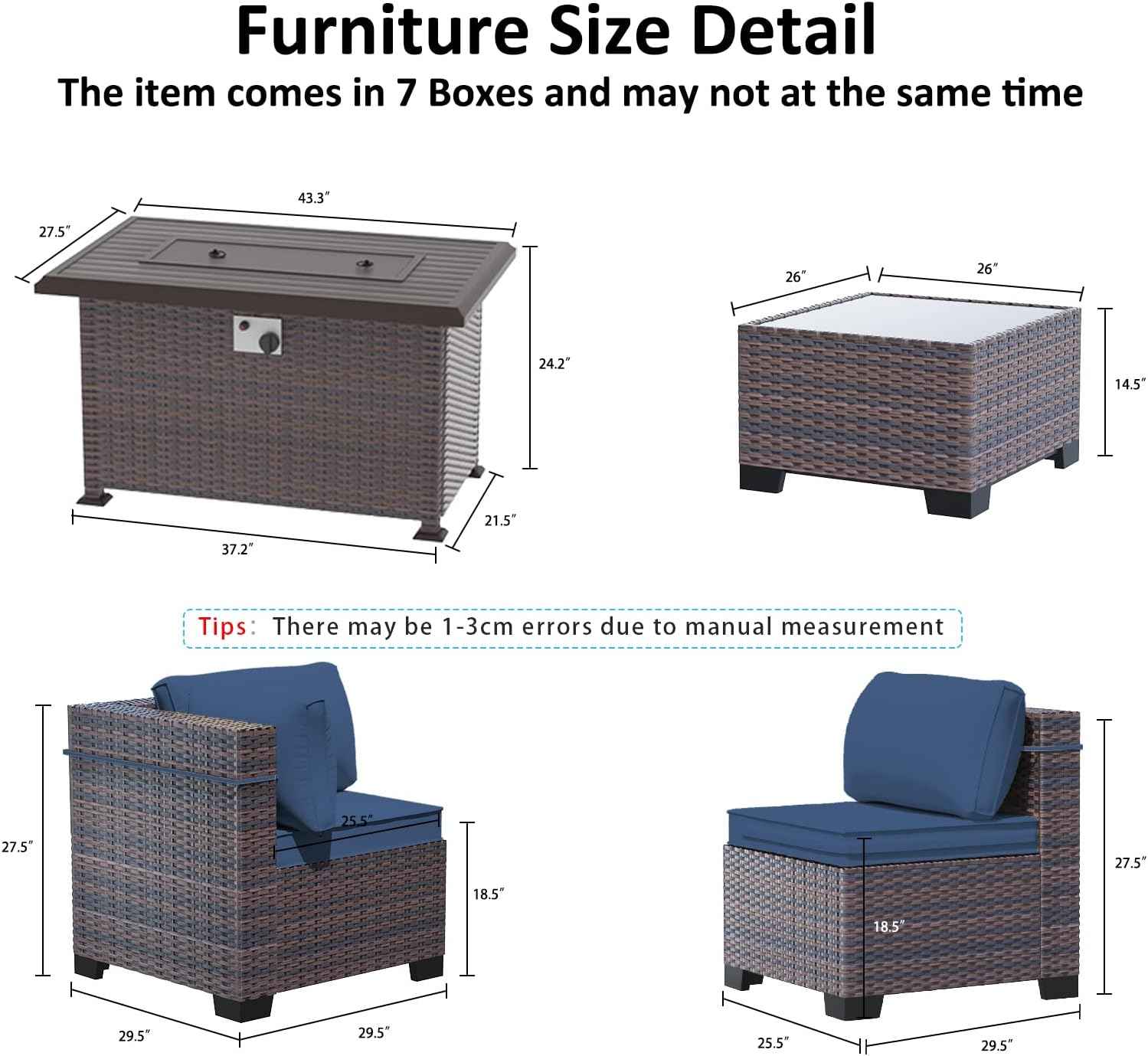 Outdoor Patio Furniture Set with Gas Fire Pit Table, 13 Pieces Outdoor Furniture Set Patio Sectional Sofa w/43in 55000 BTU Propane Fire Pit, PE Wicker Rattan Patio Conversation Sets - Dark Blue