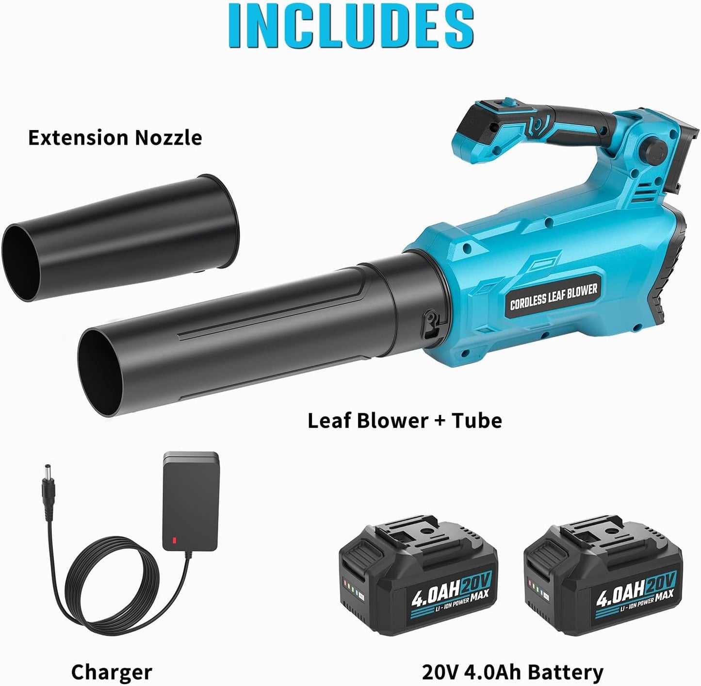VERVEWAVE Leaf Blower Cordless, 20V Electric Blower with 2 X 4.0Ah Battery & Charger, 450-CFM 150-MPH Turbo Jet Blower with Adjustable Angle Handle, for Lawn Care, Garden, Yard