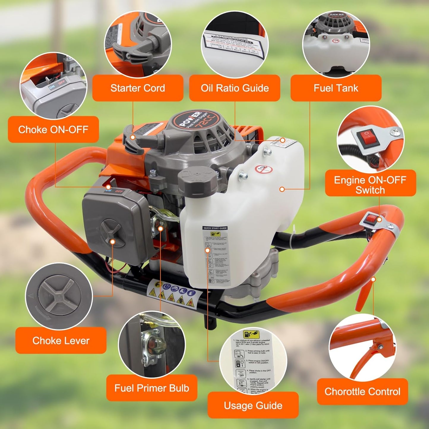 72CC Auger Post Hole Digger, 2 Stroke Gas Powered Earth Post Hole Digger with 3 Auger Drill Bits(4" & 6" & 12") + 2 Extension Rods for Farm Garden Plant, Orange (72cc+3 Auger(4"6"12")+2 Ext)
