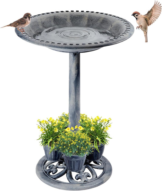 Bird Bath for Outside with 4 Removable Flower Planters 28in Polyresin Lightweight Vintage Birdbath for Outdoors Stake Standing Bowl and Water Feeder Yard Garden Decor Gray