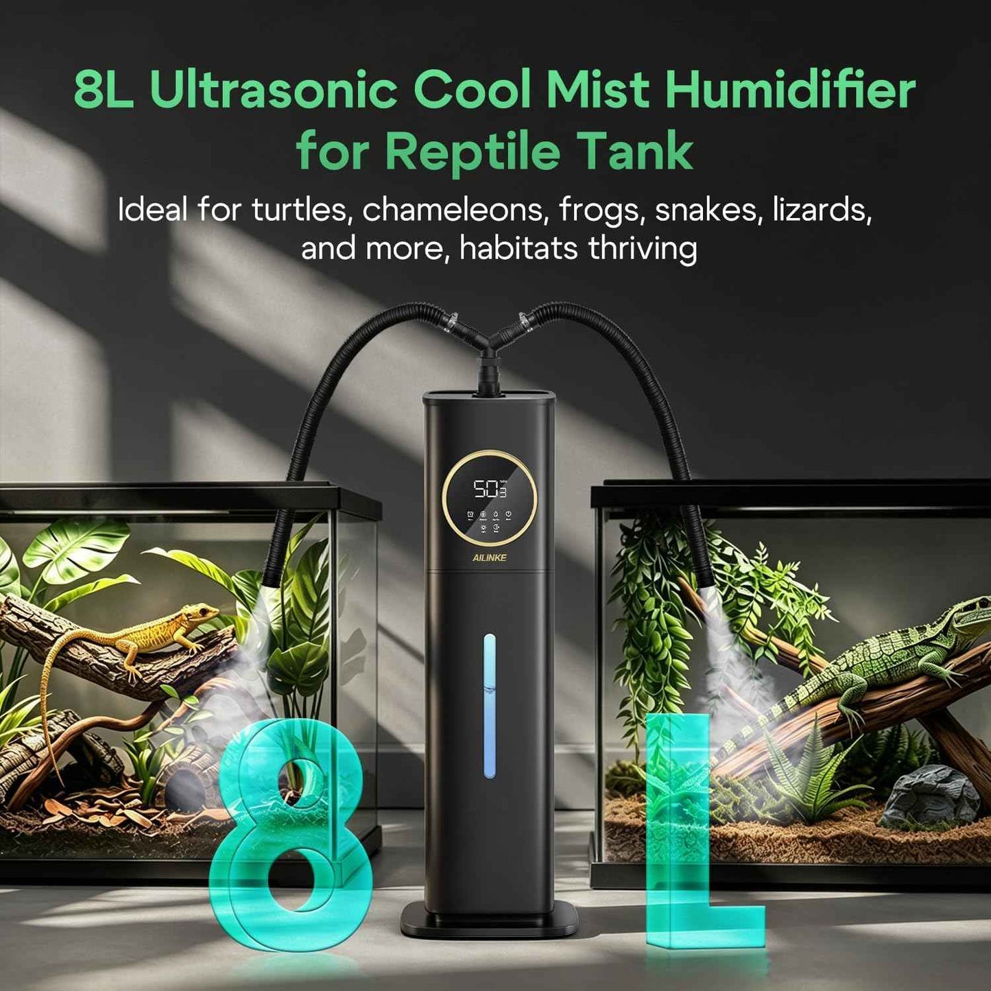 Humidifier for Plants Indoor, Reptile Fogger with Humidity Control - 2.1Gal/8L Cool Mist Humidifier with Humidity Probe/Expandable Hose, Terrarium, Greenhouse, Grow Tent, Houseplants, Reptiles