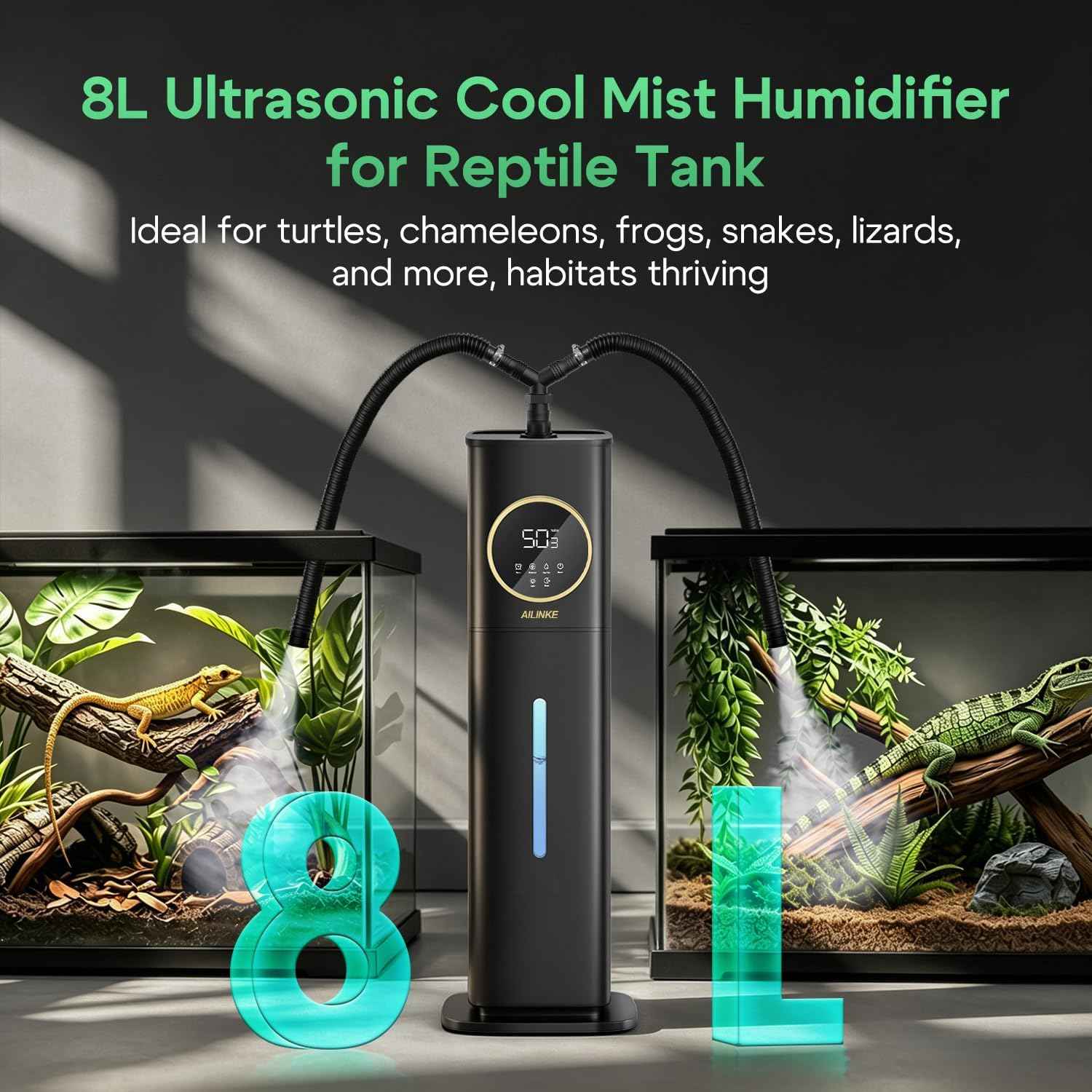 Humidifier for Plants Indoor, Reptile Fogger with Humidity Control - 2.1Gal/8L Cool Mist Humidifier with Humidity Probe/Expandable Hose, Terrarium, Greenhouse, Grow Tent, Houseplants, Reptiles