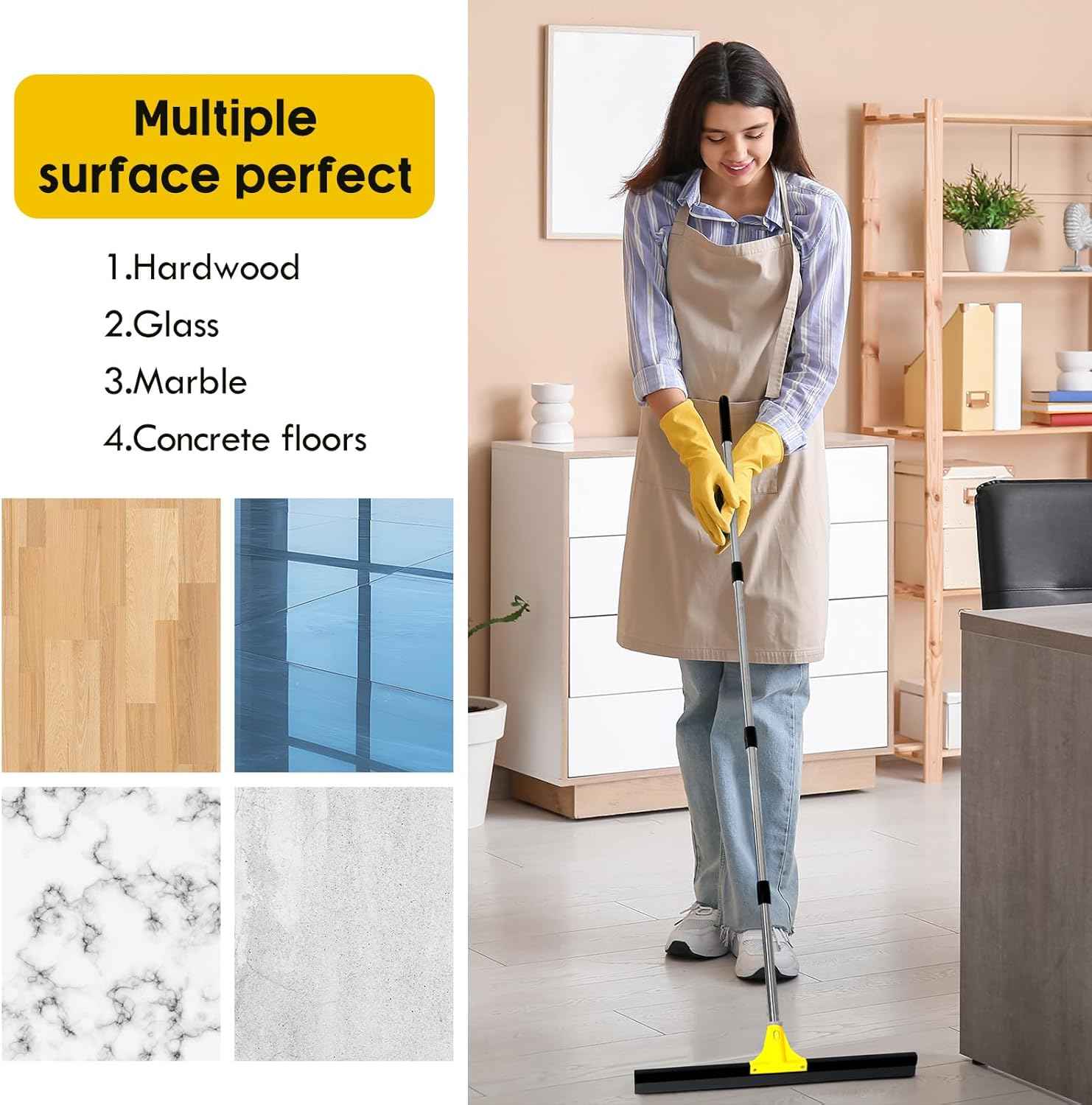 Floor Squeegee for Concrete and Tile Cleaning, 30'' Heavy Duty Rubber Wiper with 60'' Long Adjustable Handle Water Scraper for Bathroom Shower Glass Garage Glass Window(Yellow