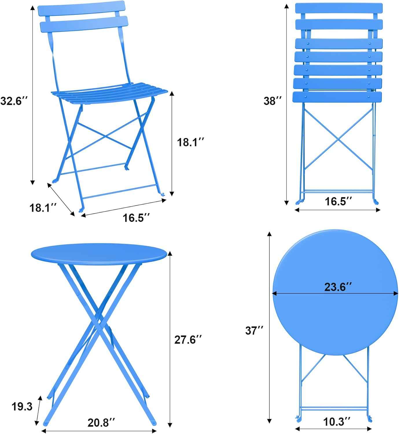 Bistro Table and Chairs Set of 2, 3 Piece Outdoor/Indoor Folding Patio Bistro Sets, 2 Chair Patio Furniture Set with Table, Premium Frame Foldable Coffee Tables for Balcony, Yard, Garden, Blue