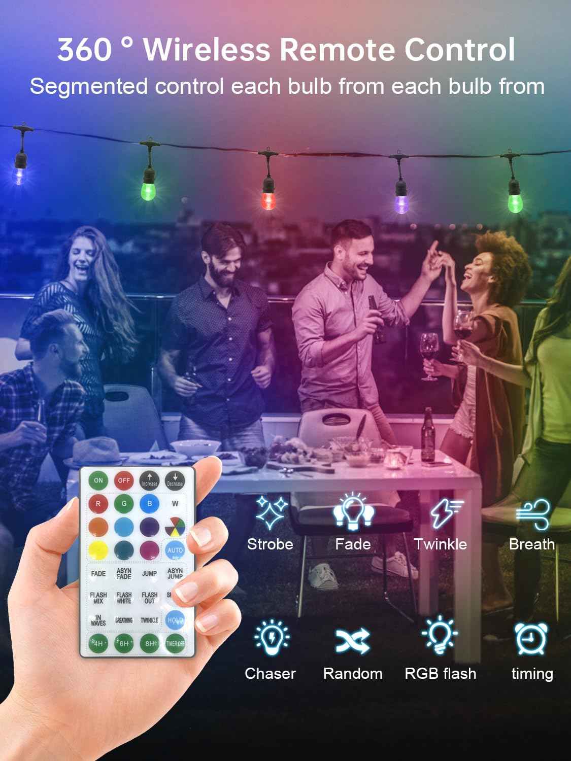 Commercial Grade 48FT LED Outdoor String Lights with Remote Control - 15 Shatterproof Bulbs Waterproof Color Changing Christmas Lights, Dimmable for Patio, Garden, Wedding Decor
