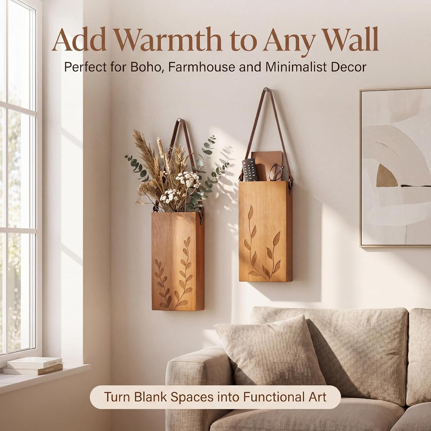 Set of 2 Bamboo Wall Planters Indoor Plants Brown Wood Wall Vase with Durable Leather Handle Boho Wall Decor Living Room Hanging Propagation Stations for Dried Flowers Paintbrushes