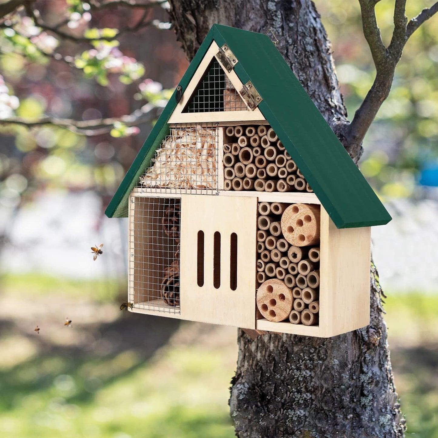 Bee House Hanging Insect Hotel – Natural Wooden Bee Hotel for Outdoors, DIY Insect Shelter for Garden, Yard, or Balcony – Attracts Pollinators Like Bees, Butterflies & Ladybugs