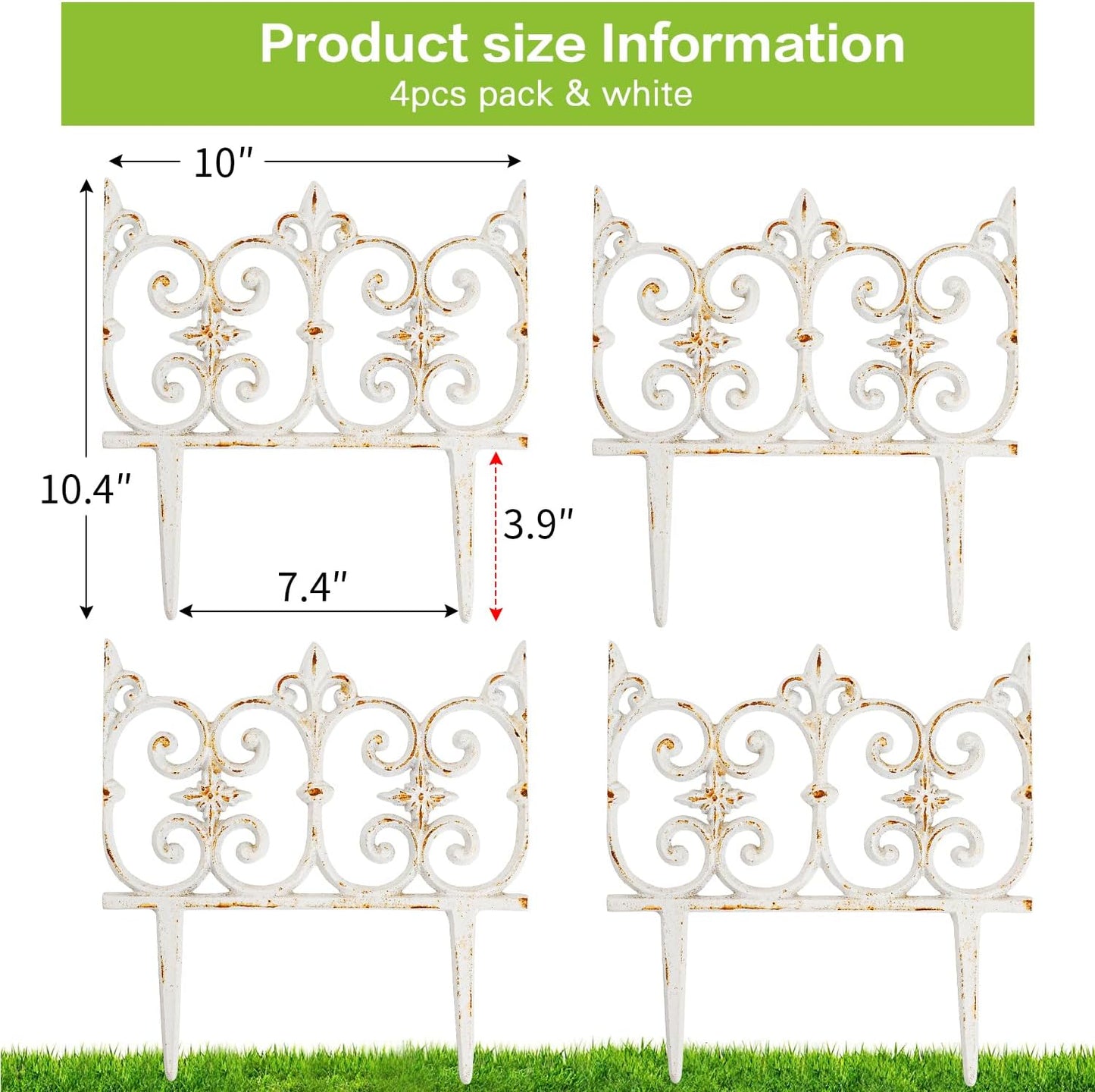 Decorative Cast Iron Garden Edging, 4 Pack Rustic White Victorian Garden Edging Landscape Border, Vintage Metal Yard Stake Low Picket Fence