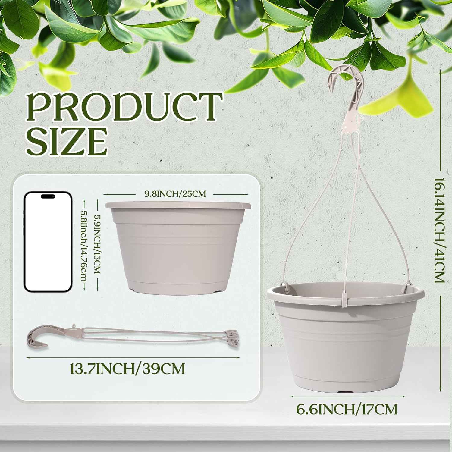 4 Pcs Hanging Planters,10" Hanging Pots Plastic Hanging Flower Plant Basket with Drainage Trays & Chain Holder for Outdoor Indoor Plants Garden Balcony Decoration, Light Gray