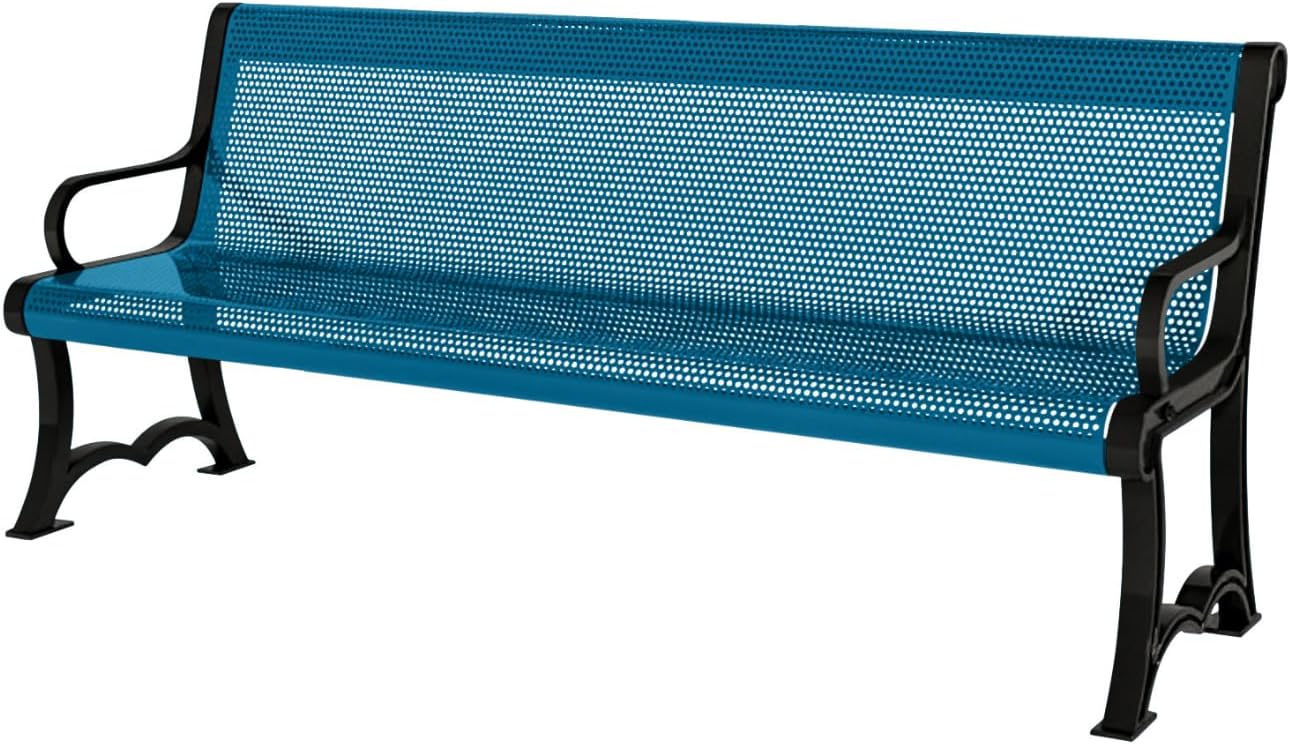 Coated Outdoor Furniture Heavy-Duty Outdoor Bench Thermoplastic Coated, Punched Steel, Commercial-Grade Garden Bench, Made in America (Portable with Back, 4 Ft, Light Blue)