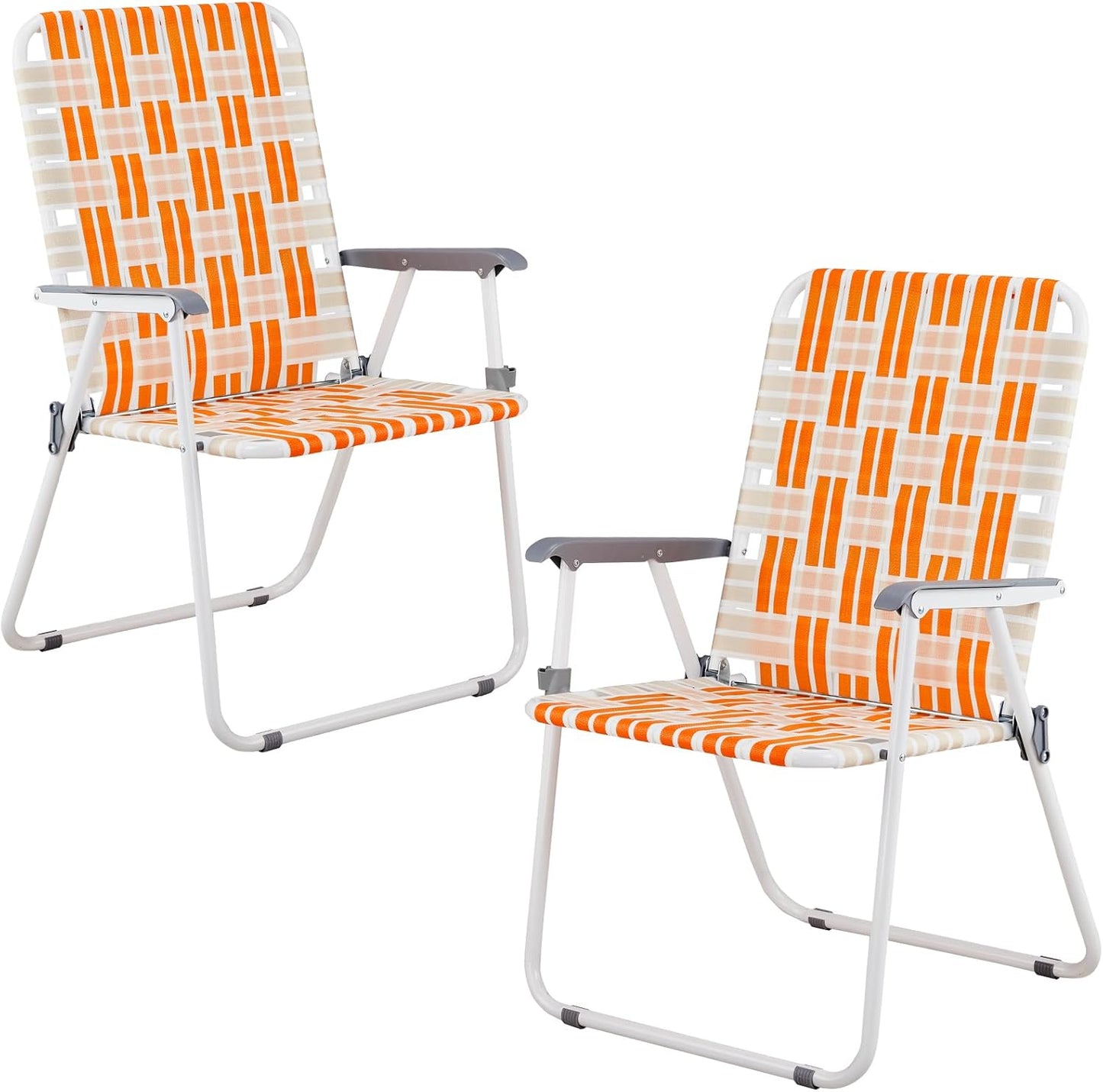 Folding Webbed Oversized Lawn Chairs Set of 2, 260 LBS High Beach Chair for Adults Heavy Duty, Portable Patio Chair for Yard, Garden (Orange)