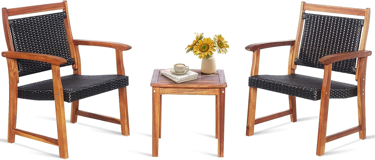 Tangkula 3-Piece Patio Acacia Wood Bistro Set, Patiojoy Outdoor Furniture Set with 2 Chairs & Side Table, Weather Resistant Rattan Garden Conversation Chair Set for Pool Side, Deck, Balcony