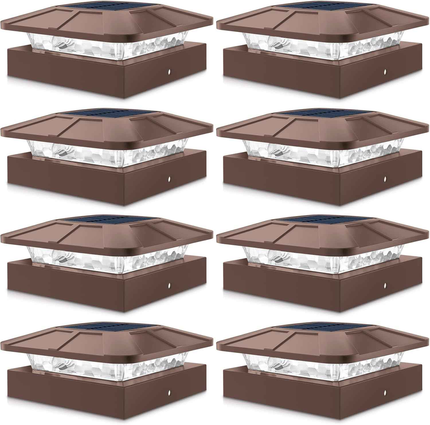 Peasur 4x4 Solar Post Cap Lights Outdoor with 3 Modes, 8 Packs Brown Fence Light Solar Powered Waterproof, Wood/Vinyl Posts Caps Lights for Deck Yard Garden Patio Porch Railing Outside