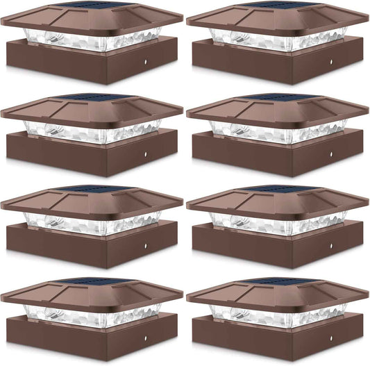 Peasur 4x4 Solar Post Cap Lights Outdoor with 3 Modes, 8 Packs Brown Fence Light Solar Powered Waterproof, Wood/Vinyl Posts Caps Lights for Deck Yard Garden Patio Porch Railing Outside