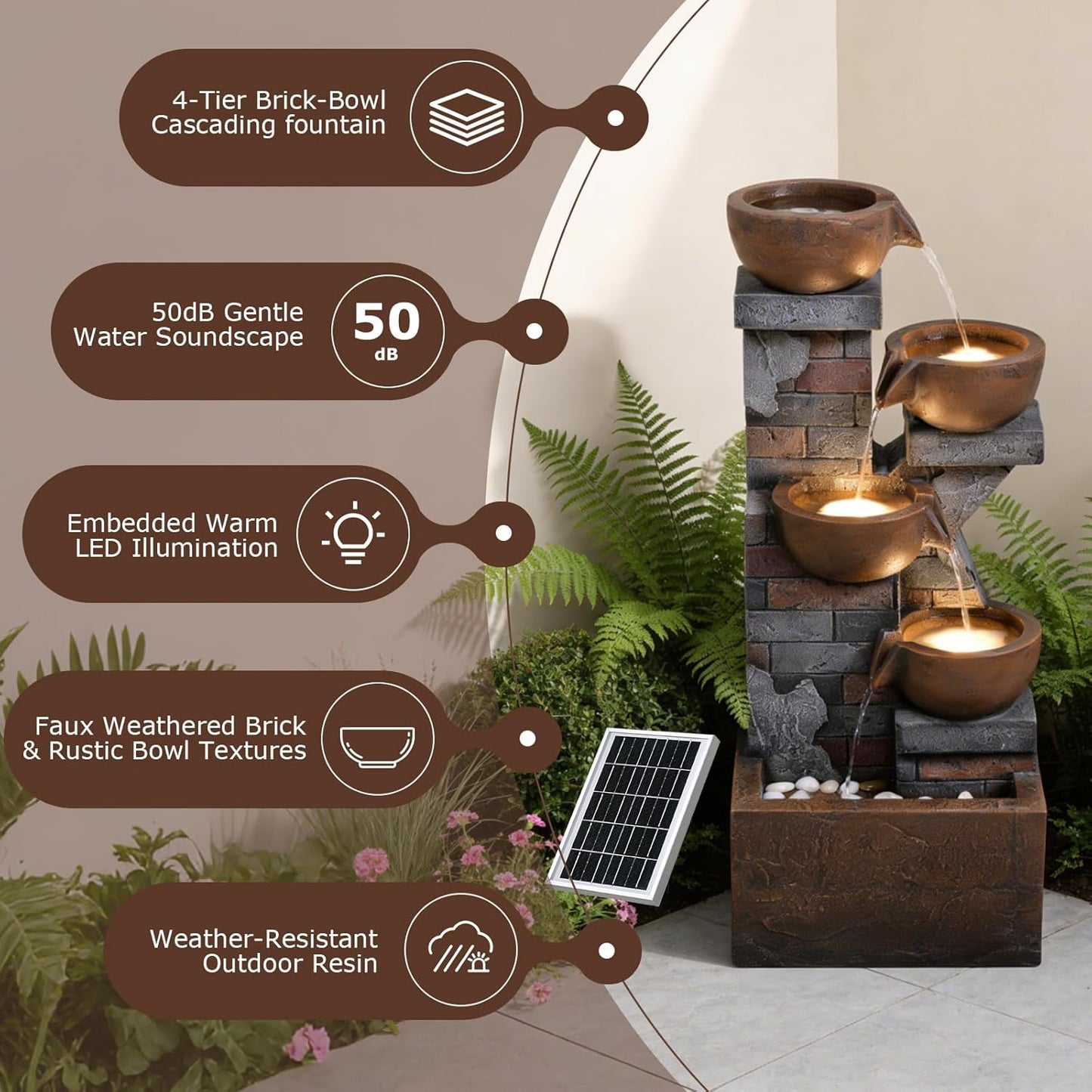 33.5" Tall Solar Water Fountain Outdoor Garden, 4-Tiered Cascading Bowl Fountains with Lights, Solar Powered Waterfall for Garden, Patio, Backyard, Deck, Porch, Indoor Decor