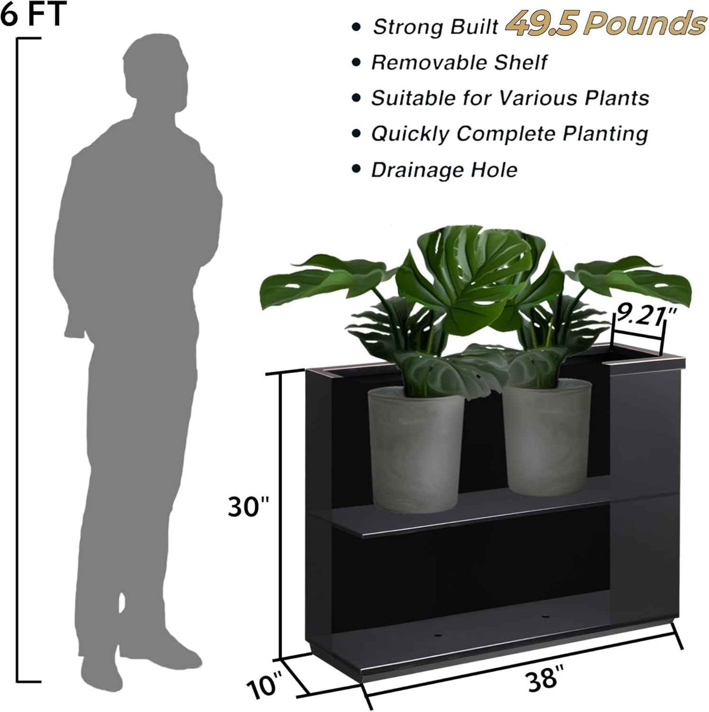 Metallic Heavy Planter with Two LED Light Strips, 38"L x 10"W x 30"H – Black