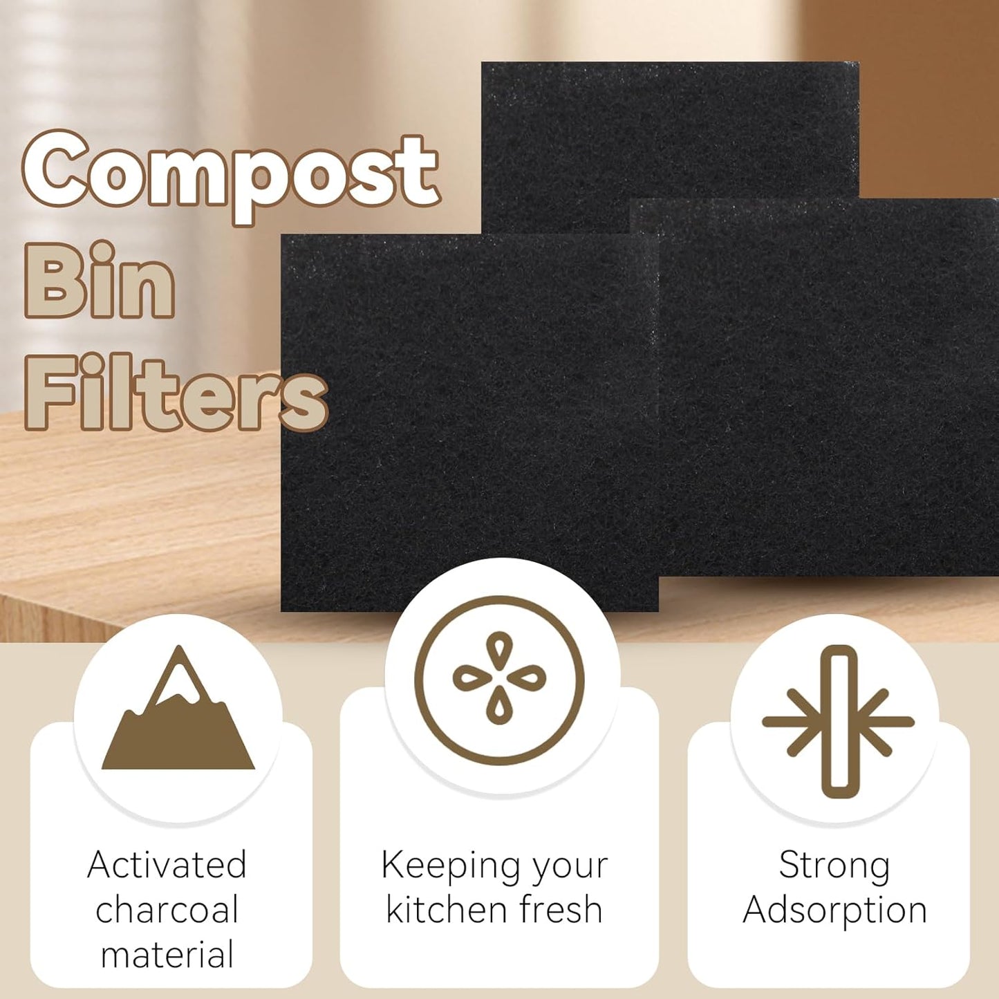 Biaungdo 6 Pack 5 Inch Sqaure Charcoal Filter Replacements, Black Kitchen Compost Bin Filters for Countertop Square Carbon Filter Bin Pail Replacement