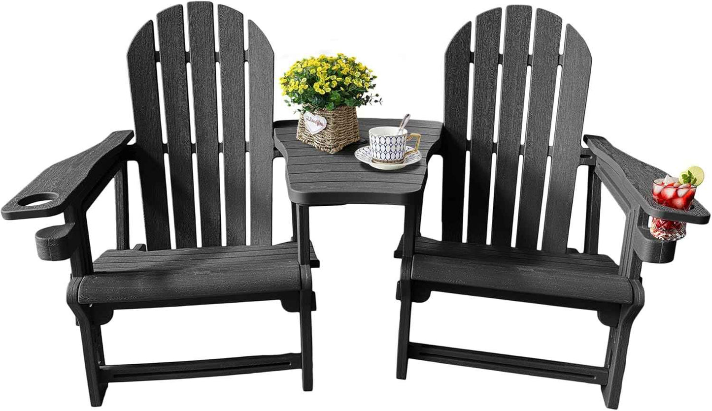 Adirondack Chairs Set of 2 Tool-Free Assembly,Removable Tabletop Tray,No Screws Needed,All-Weather HDPE Outdoor Patio Furniture Set with Cup Holders,Outdoor Lawn Chair for Patio Garden(Classic Black)