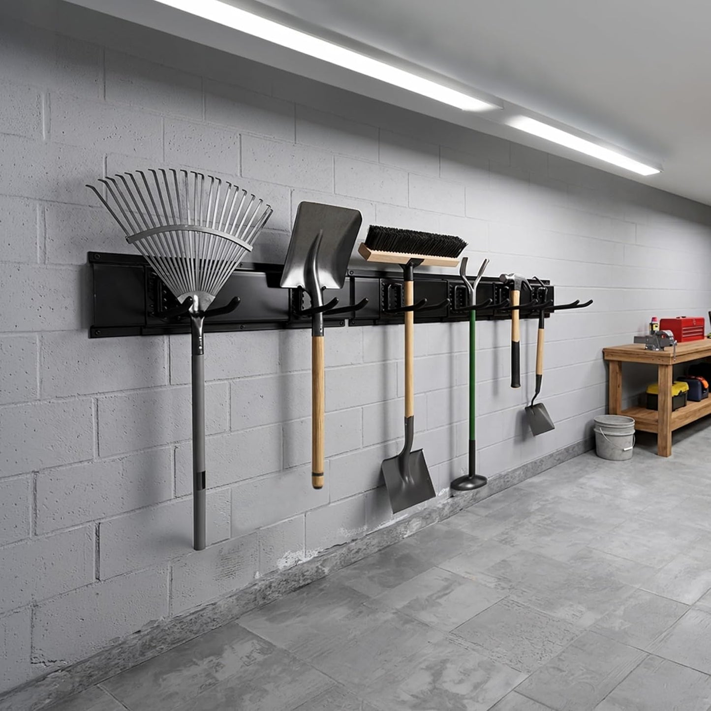 Garage Tool Organizer Wall Mount 80 Inch, Heavy Duty Tool Rack with 5 Racks & 10 Adjustable Hooks, Wall Mounted Garden Tool Storage for Garage, Shed, Holds Shovels, Brooms & Power Tools