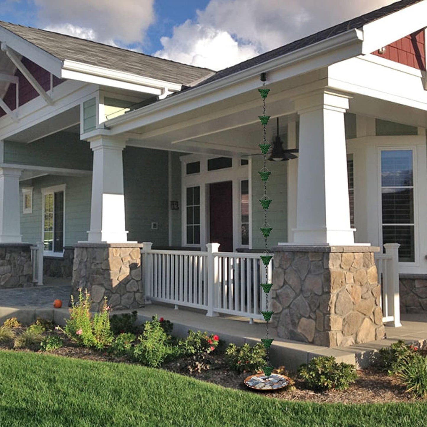 8.5FT Bell Iron Rain Chains for Gutter and Rain Barrel, Rust-Resistant Plated Garden Décor for Downspout, Bonus Rain Chain Gutter Adapter (Antique-Green)