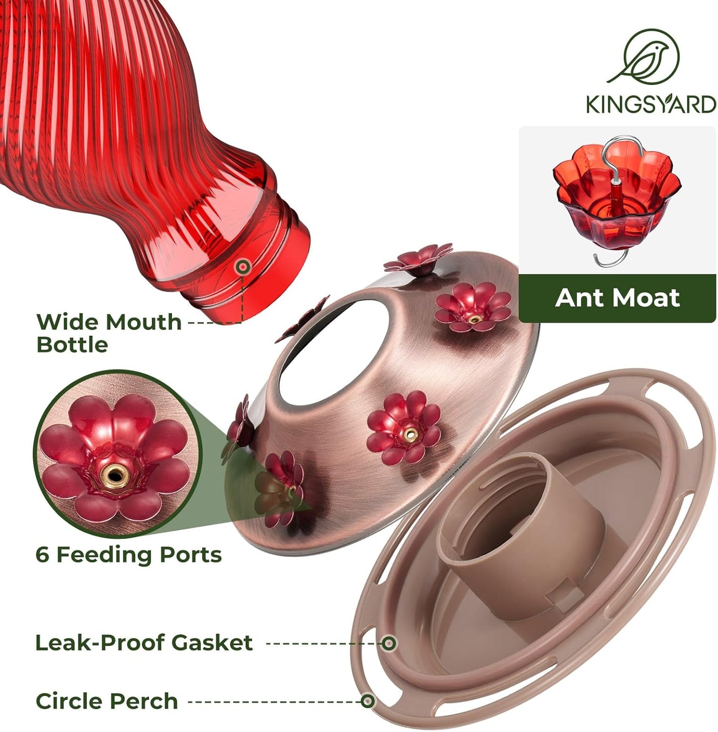 Kingsyard Glass Hummingbird Feeders for Outdoors, 24 oz Hummingbird Nectar Feeder for Garden Decorations with 6 Feeding Ports, Ant Moat Included, Gifts for Women Mom, Easy to Clean & Refill, Red