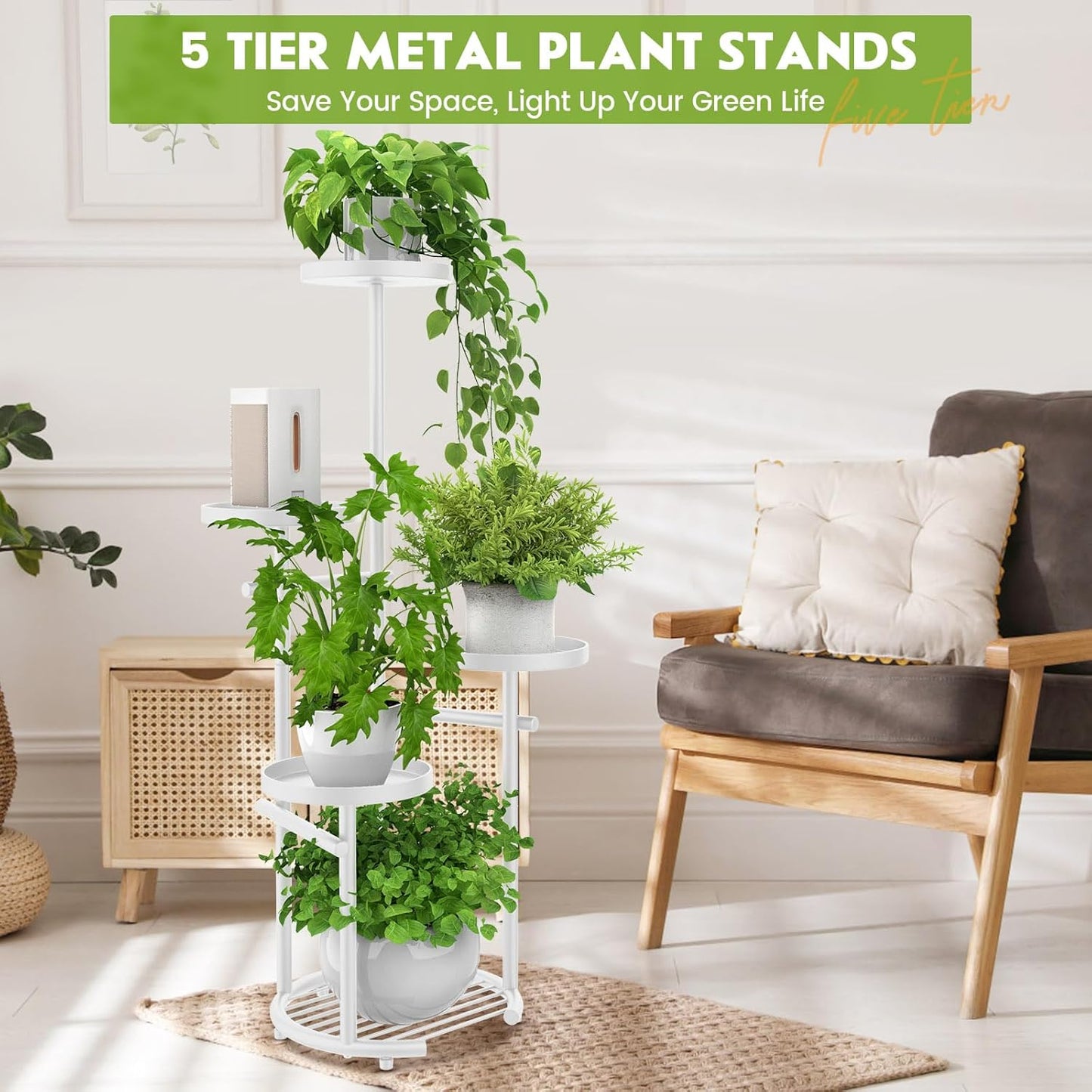 TOSKING 5 Tier Metal Plant Stand Indoor, Plant Shelf, Corner Shelf Flower Pot Stand for Outdoor Plant Stand for Living Room Balcony Garden Patio Bedroom (White, 38in)