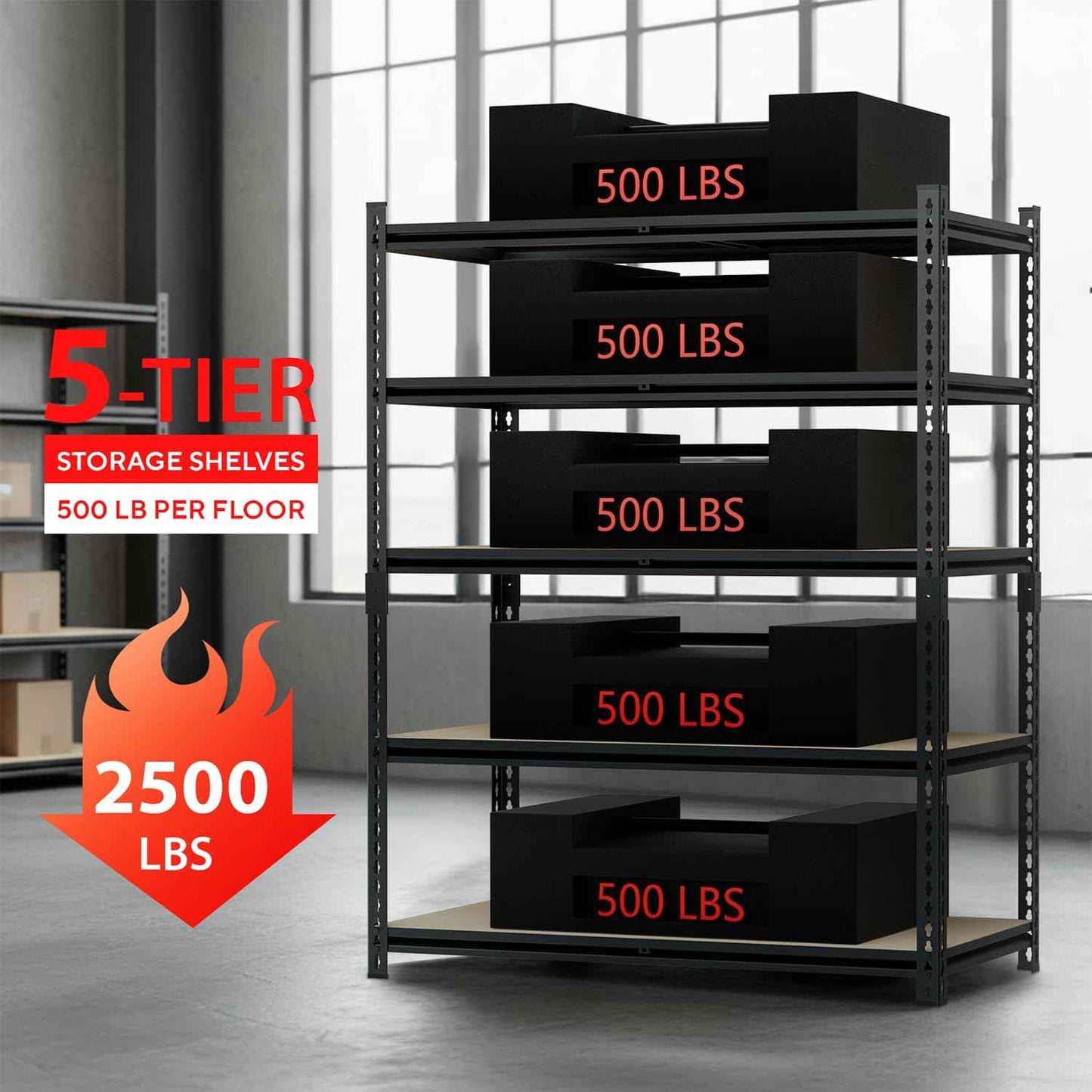 72" H Garage Shelving 2500LBS Storage Shelves Heavy Duty，5 Tier Adjustable Metal Shelving Unit for Storage Rack Warehouse, Pantry, Closet, Kitchen