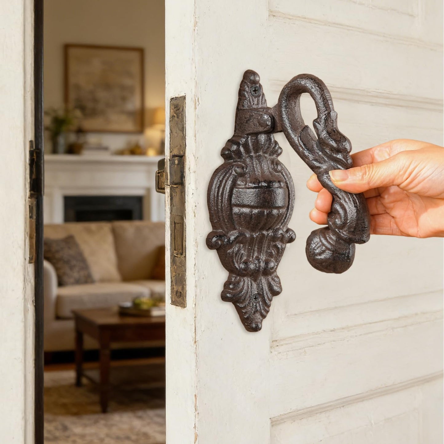 Sungmor Vintage Cast Iron Door Knocker,8.4" Tall Heavy Duty Pull Handle,Rustic Dragon Design for Farmhouse Entrance Door Decor,Antique Brown Finish